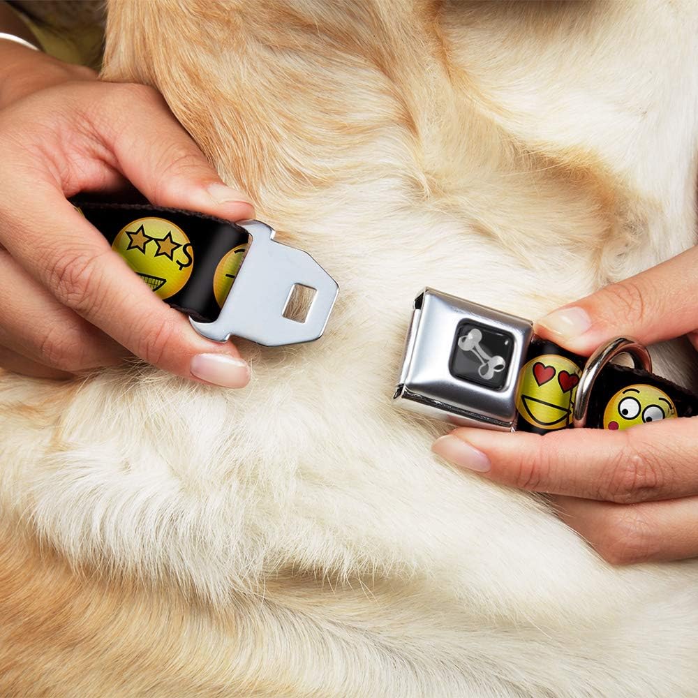 Dog Collar Seatbelt Buckle Emojis 9 Expressions Black 16 to 23 Inches 1.5 Inch Wide