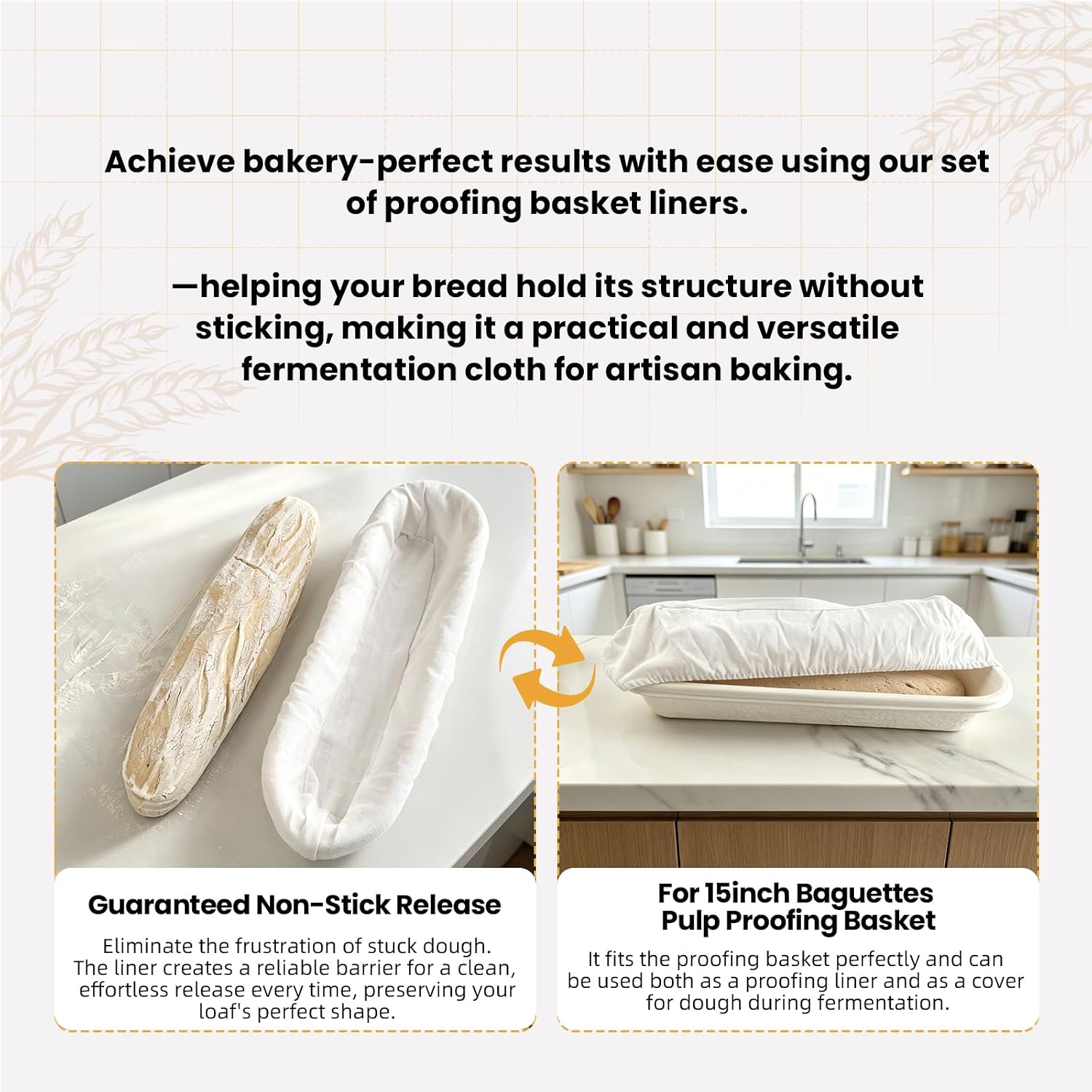6 Pack Elastic Bread Proofing Basket Covers - Premium Linen & Cotton Liners for 15 inch Baguettes Sourdough Banneton, Non-Stick, Breathable Fermentation Cloth for Sourdough & Artisan Baking
