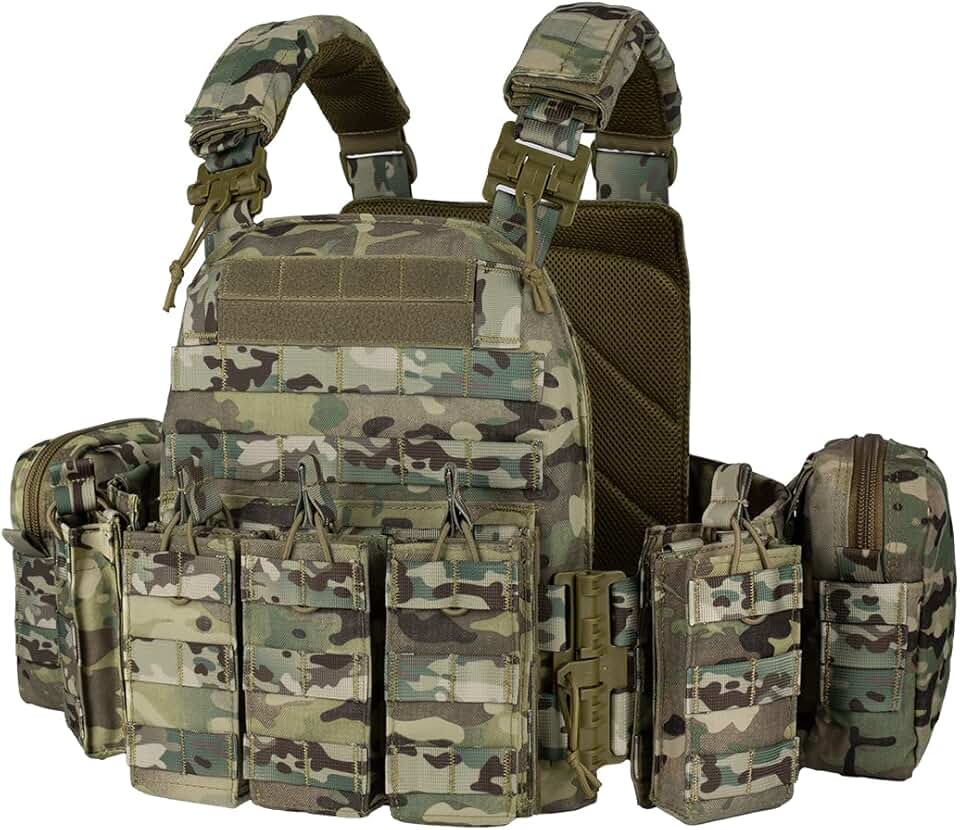 Colete tático para uso externo com liberação rápida e sistema PALS Molle 1000D Nylon, Camuflagem, One Size