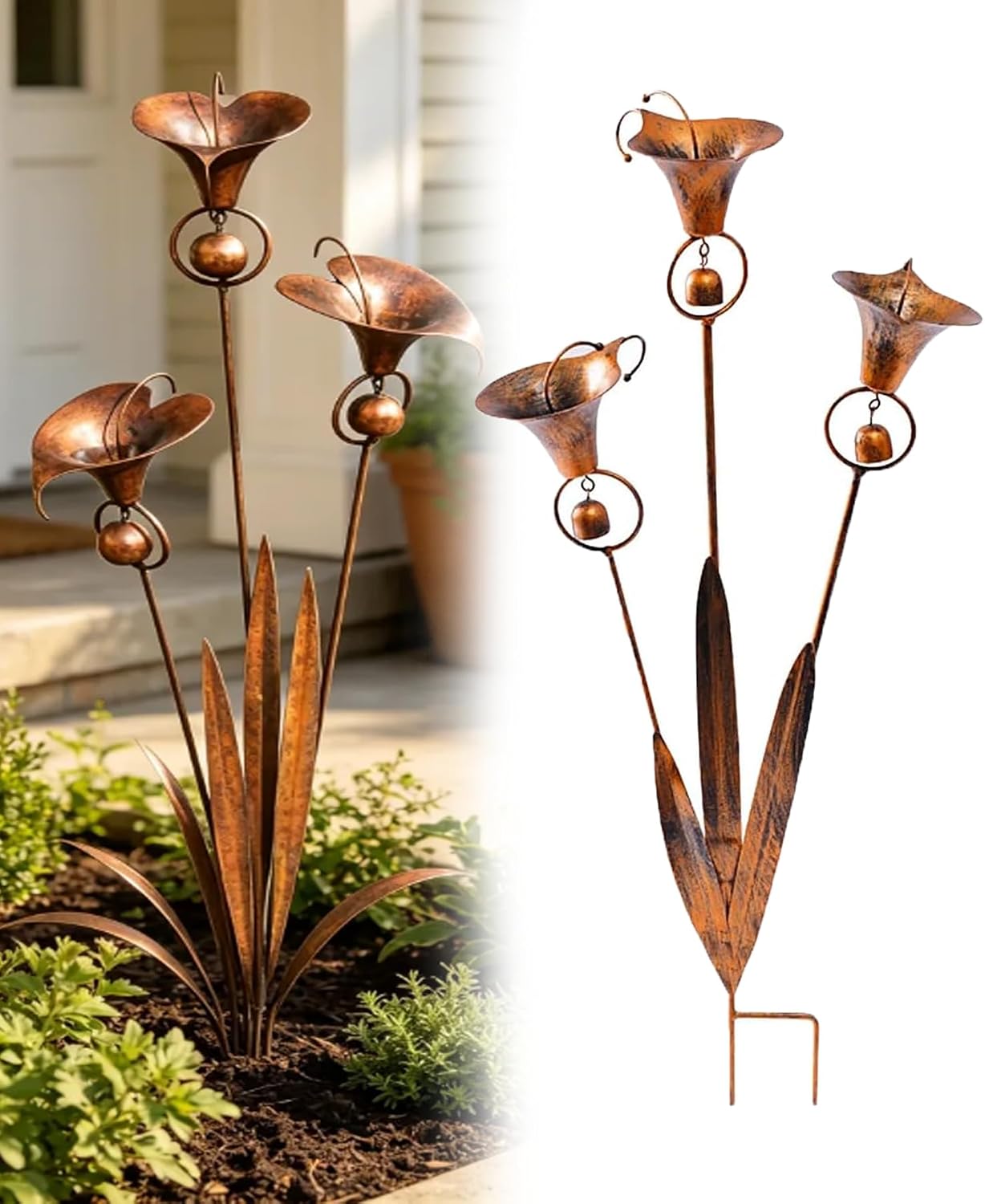 Flamed Copper Three Calla Lilies Garden Stake with Bells, Metal Flower Yard Art Decor Outdoor Wind Bell Stake for Lawn Patio Garden Decoration Rustic Handmade Garden Ornament (1PCS)