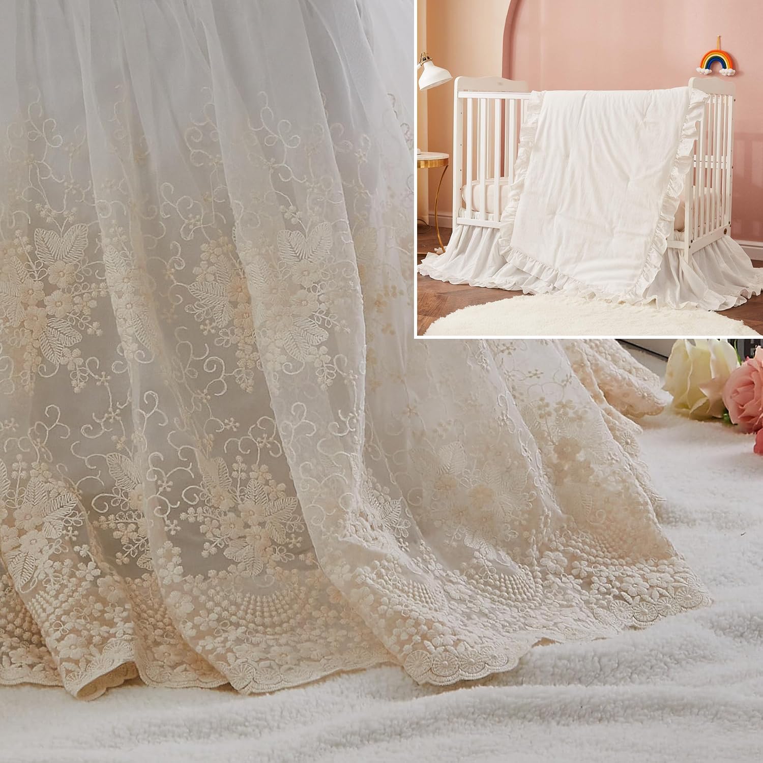 Brandream 4-Piece Crib Bed Skirt & Crib Bedding Set 100% Cotton Lace Crib Bed Skirt Dust Ruffle 3 Piece Nursery Set White