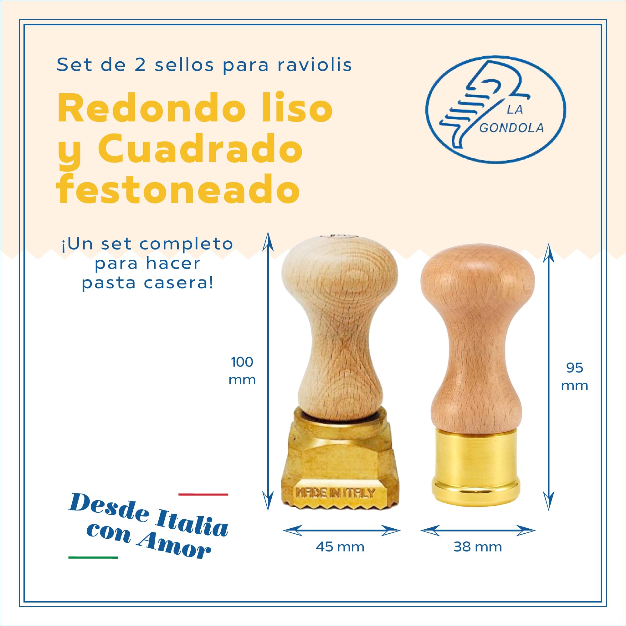 La Gondola Set de 2 Cortadores de Raviolis Caseros - Redondo Liso 38 mm y Cuadrado Festoneado 45x45 mm | Cortapastas de Latón y Madera | Cortador de Pasta Fácil de Usar | Utensilios para Pasta Fresca