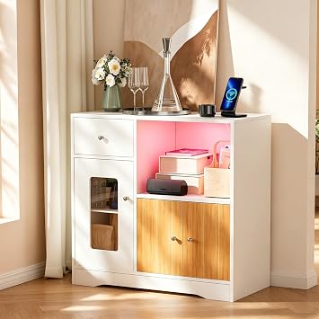 Kitchen Cupboard with Power Socket, LED Lights and Microwave Counter, White Sideboard Kitchen Storage Cabinet for Kitchen, Living Room, Dining 83 x 40 x 80 cm