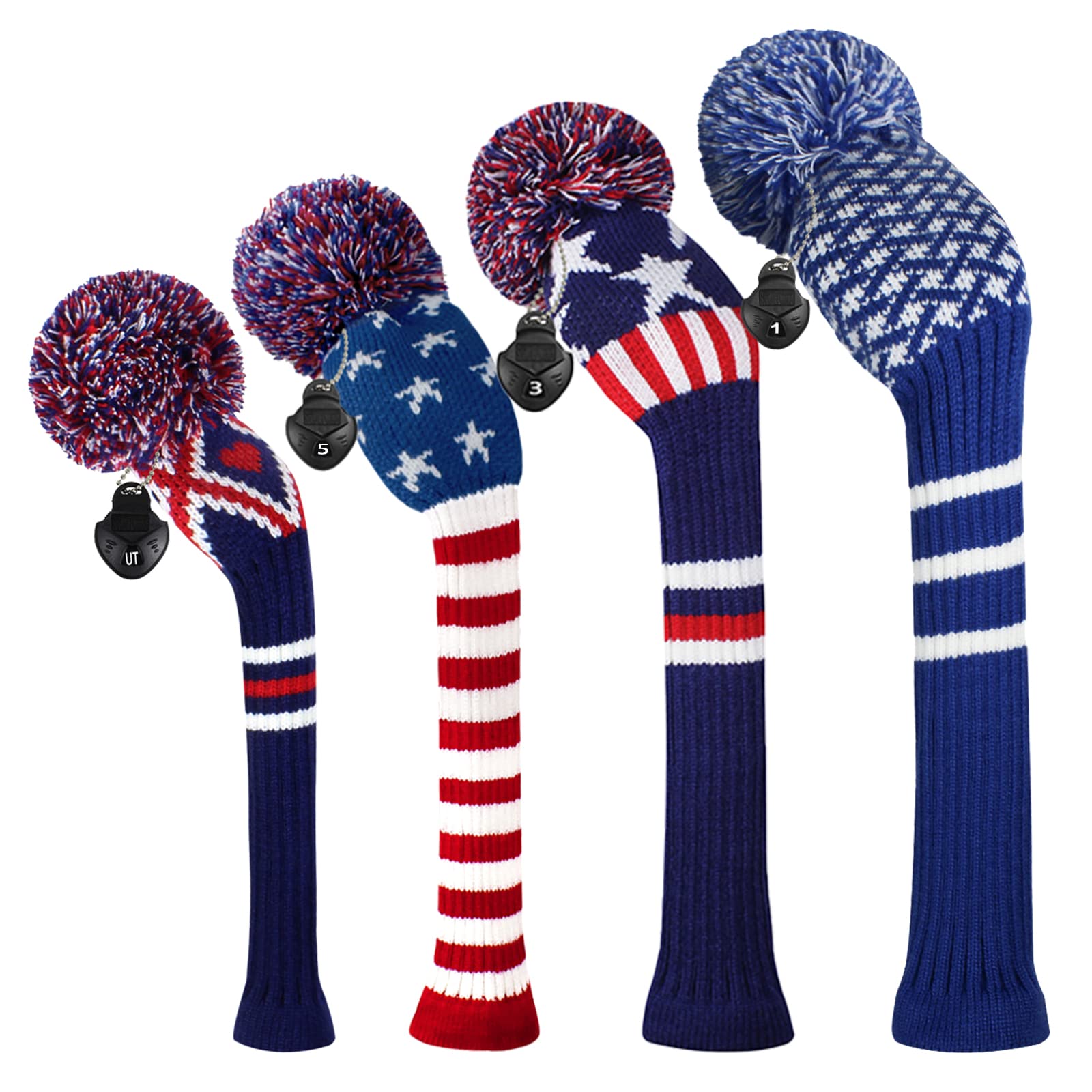 Scott Edward Knitted Golf Head Covers 4PCS Handmade Fit Well for Driver and Fairway Woods with Long Neck Pom Pom Golf Club Headcovers Set Colorful
