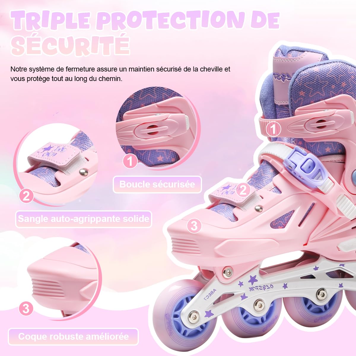 Patin a Roulette Fille Rose-Violet,Rollers en Ligne Réglables avec 8 Roues Lumineuses,Design Étoiles Amusant pour Débutants Adultes Cadeau Noël d'anniversaire