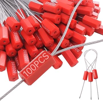 100 Pack Security Cable Seals, 12" Numbered Tamper Evident Wire Seals | 12" galvanized steel cable seals with numbered ABS locks for trailers, containers, trucks and cargo security.