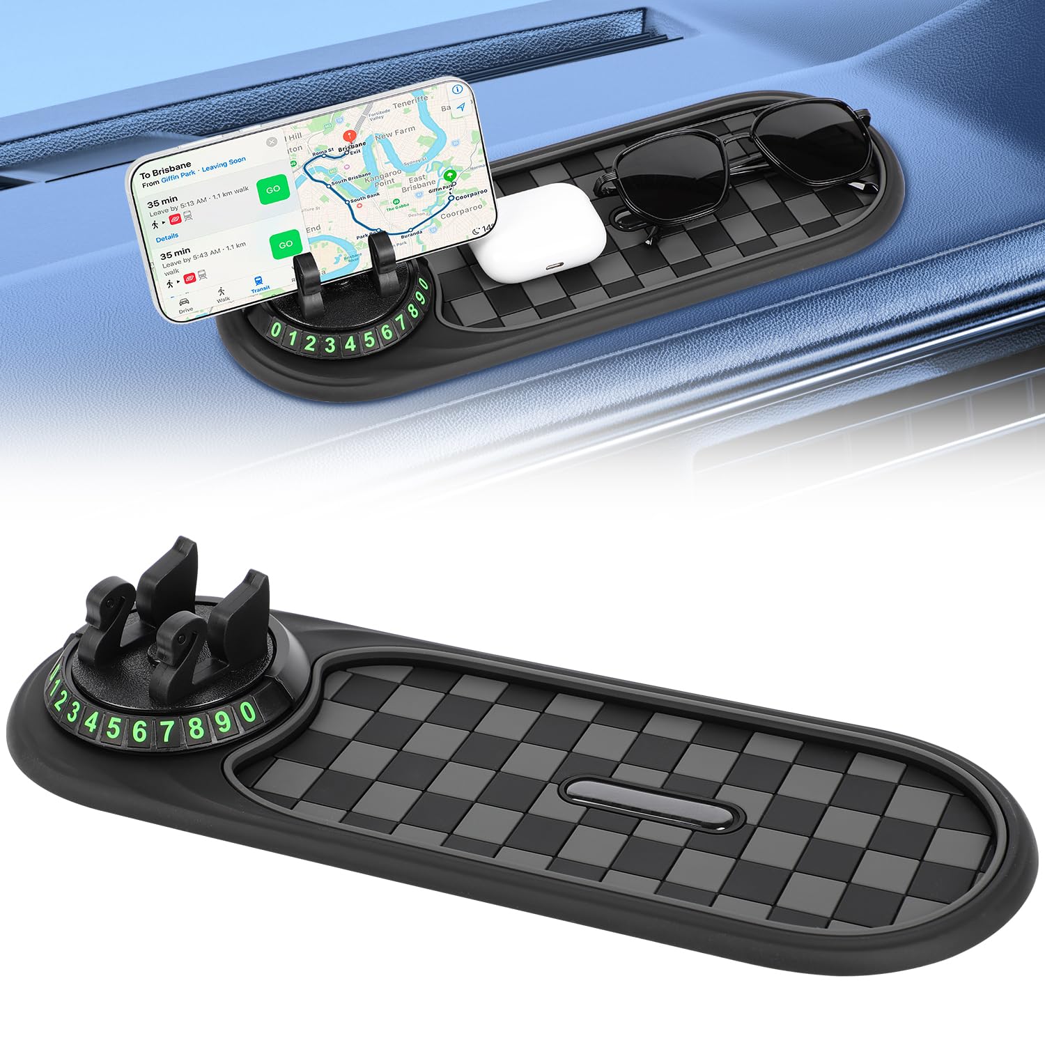 Multifunction Car Anti-Slip Mat, 360° Rotation Car Anti Slip Mat Phone Holder, Multifunctional Car Dashboard Mobile Phone Holder, Dashboard Accessories with Temporary Parking Numbe, Black