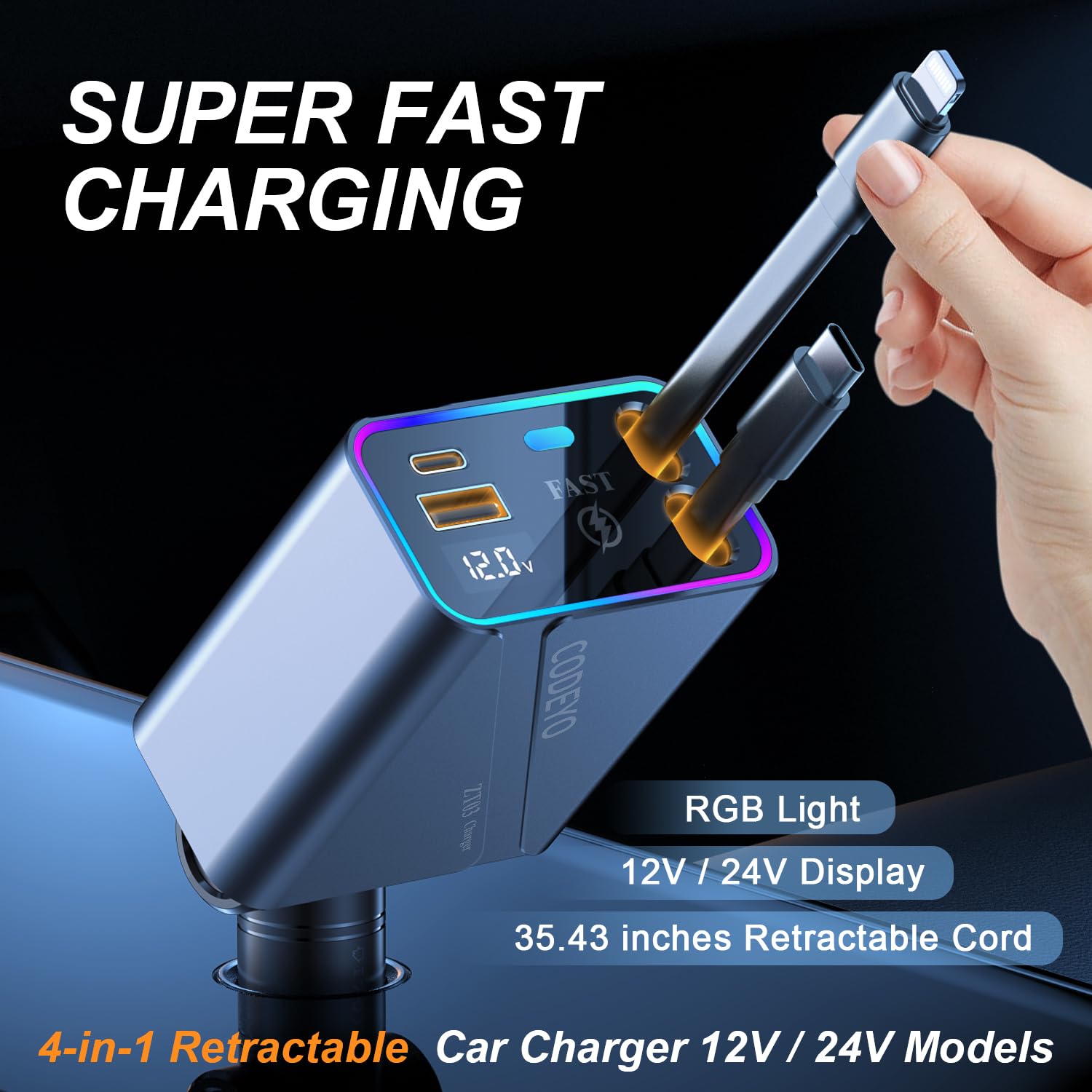CODEYO Retractable Car Charger, 146W 4 in 1 Fast Car Phone Charger, Cord 2.9ft, RGB Light, PD 65W, 30W for iPhone 14 and Before, Car Charger USB C for iPhone 16/15/14/13/12, Android, Laptop, Gray