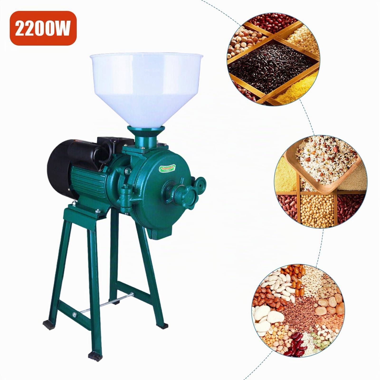 Moulin électrique pour céréales avec moteur puissant de 2200 watts, 50-75 kg/h finesse minimale des particules 0,3 mm, concasseur à céréales avec entonnoir moulin (vert herbe)