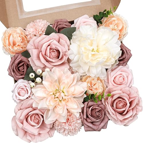 AmyHomie - Juego de flores artificiales color rosa pálido y champán, flores de seda falsas, peonías, rosas con tallo para bricolaje, ramos de boda,