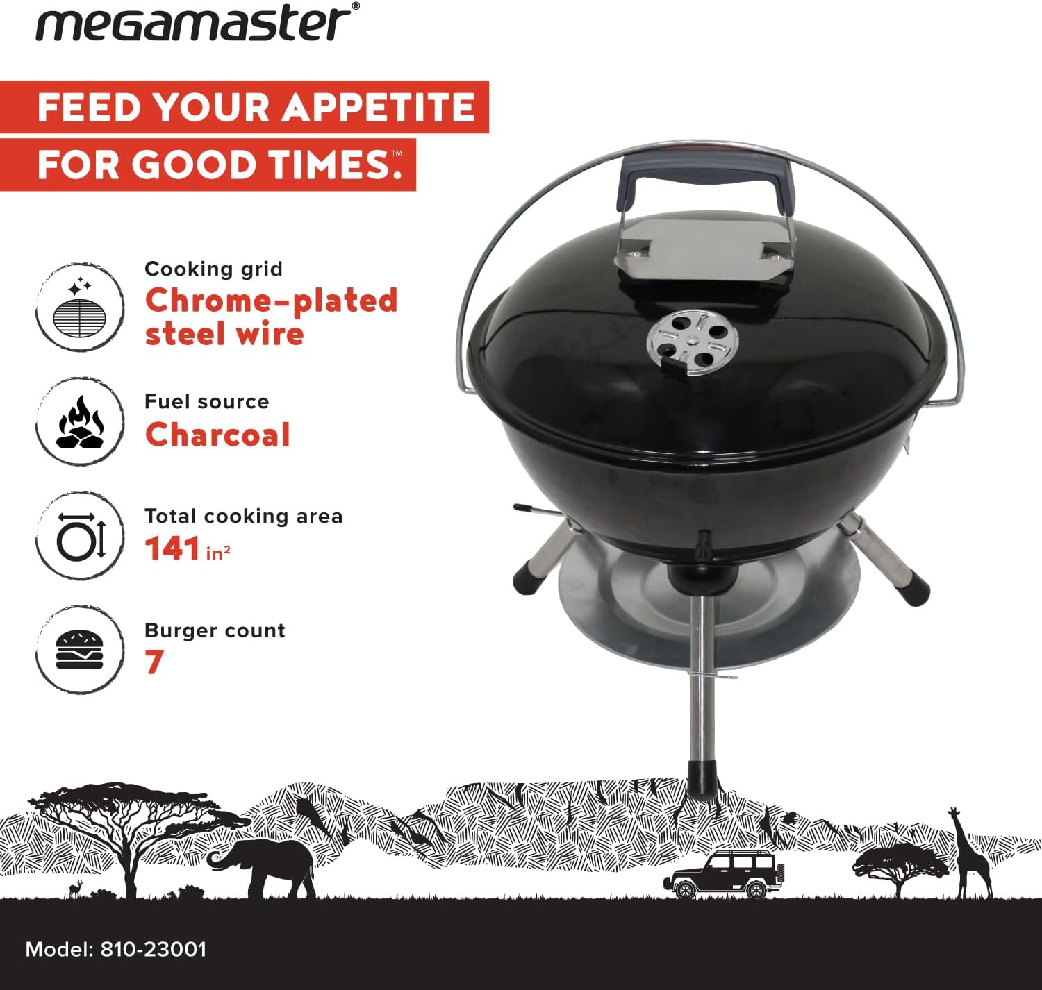 megamaster 14.5" portable charcoal barbecue grill with adjustable air vent, 141 sq. in cooking area, table top grill for camping, outdoor cooking, patios, and more - 810-23001 14.5" charcoal kettle tabletop grill