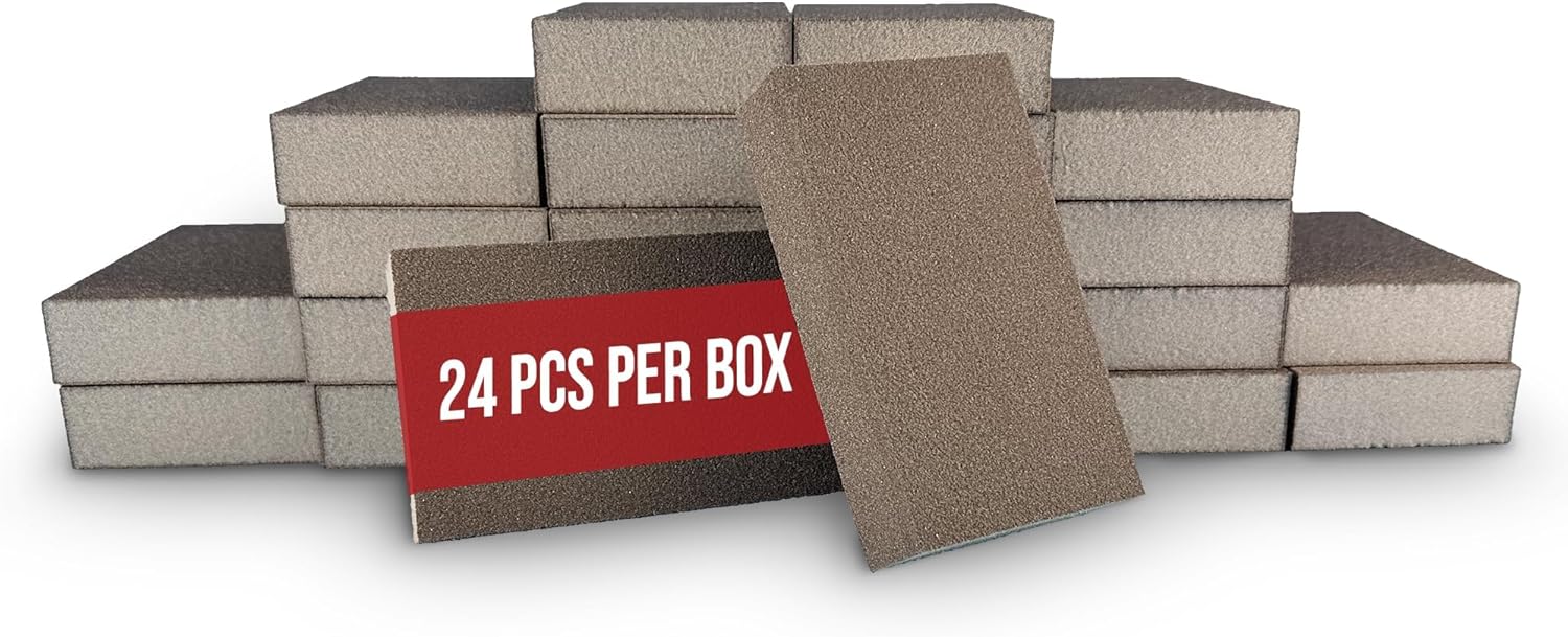 Virginia Abrasives 5” x 3” x 1” Medium/Fine Grit Assortment Sanding Sponge Blocks - Washable and Reusable Sandpaper Foam Pads Perfect for Finishing Drywall, Wood, Metal,Glass, Wet and Dry -24 Pcs Pack