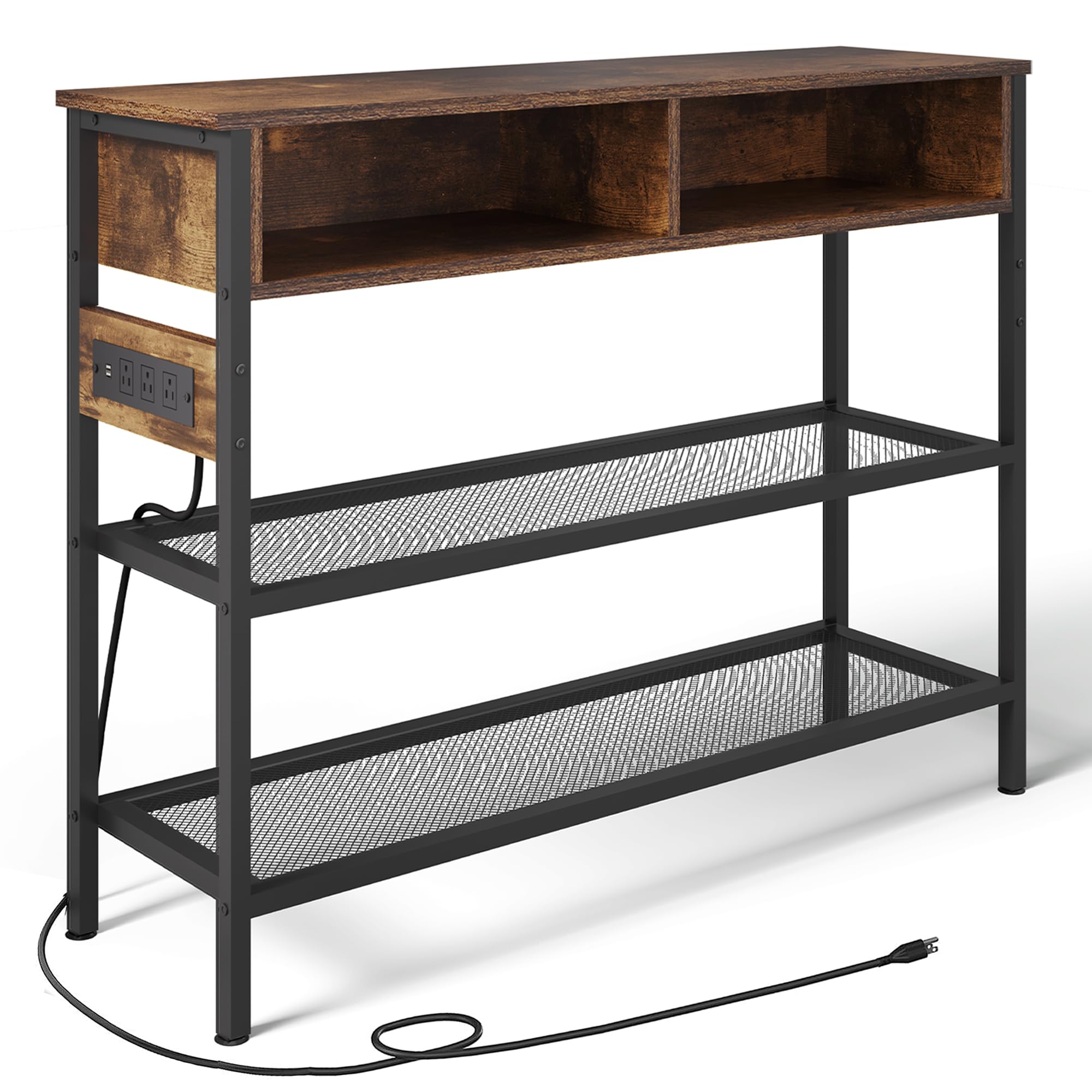 HAIOOU Console Table with Outlets & USB Ports, 41" Entryway Table with Metal Shelves, 2 Open Storage Drawers, Sturdy Modern Sofa Tables Behind Couch for Living Room Hallway,Kitchen (Rustic Brown)