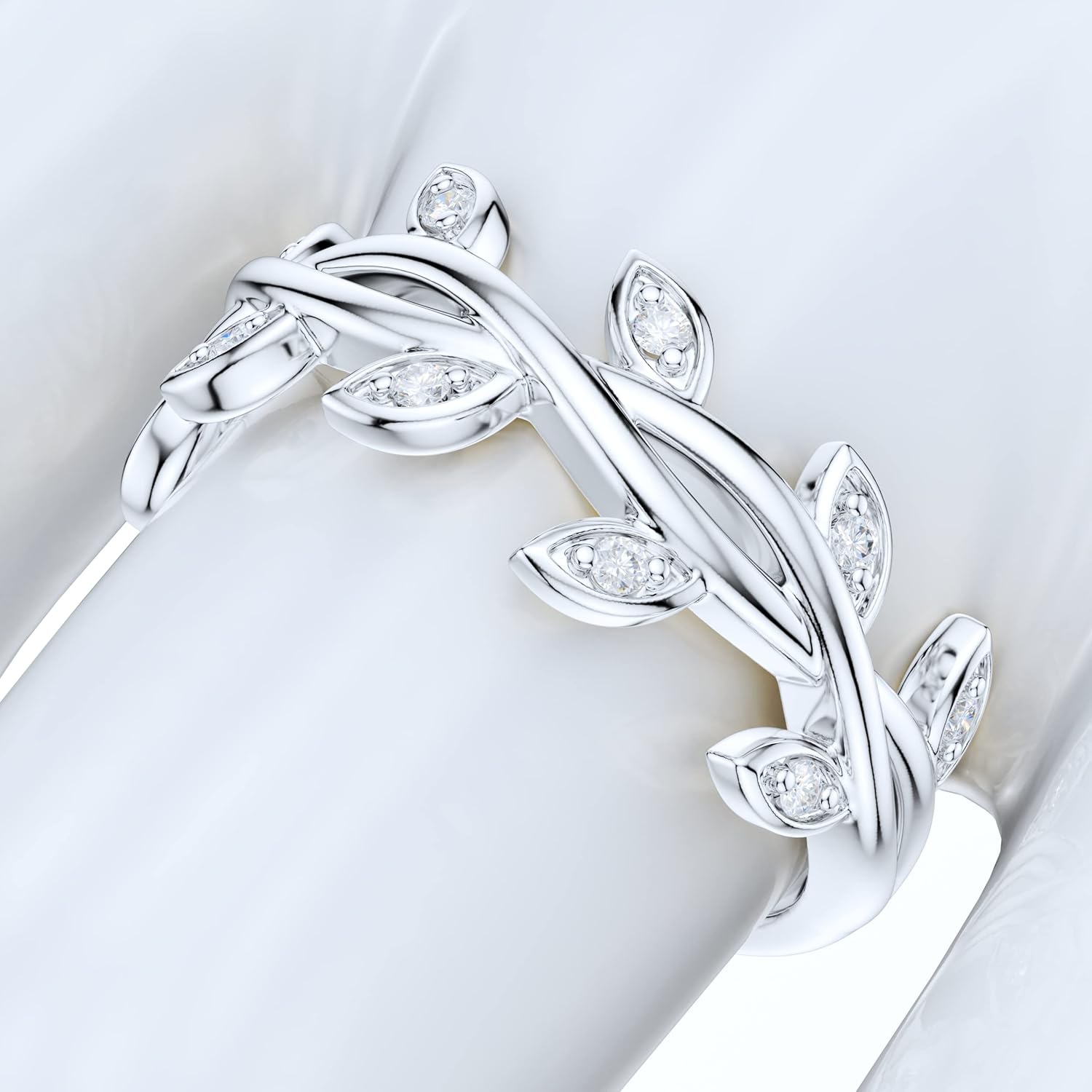 Sterling Silver Twisted Olive Branch Leaf Simulated Round Brilliant Diamond or Genuine Moissanite Promise Ring Wedding Band For Women