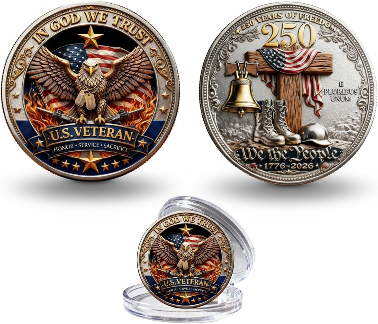 in God We Trust | 250 Years of Freedom Commemorative Coin, U.S. Veteran Challenge Coin 1776-2026, Eagle & Battlefield Cross Patriotic Souvenir, Religious Military Gift for Collectors (10PCS)