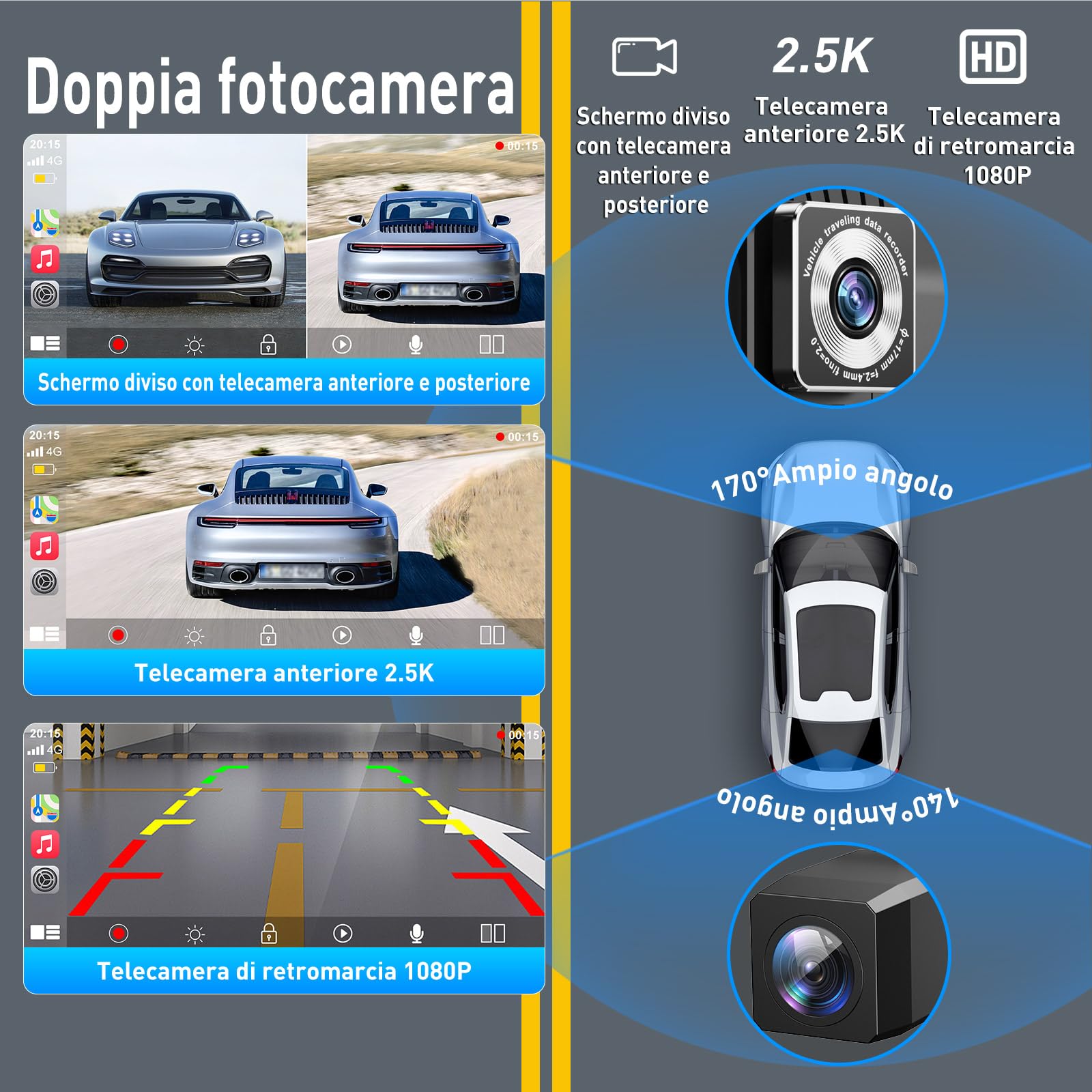 ESSGOO CarPlay Android Auto,schermo CarPlay IPS da 9 pollici per auto con Dash Cam anteriore 2.5K,telecamera di backup 1080P,CarPlay senza fili con Bluetooth 5.0/FM/Siri/G-oogle/Mirror Link/64G TF/AUX