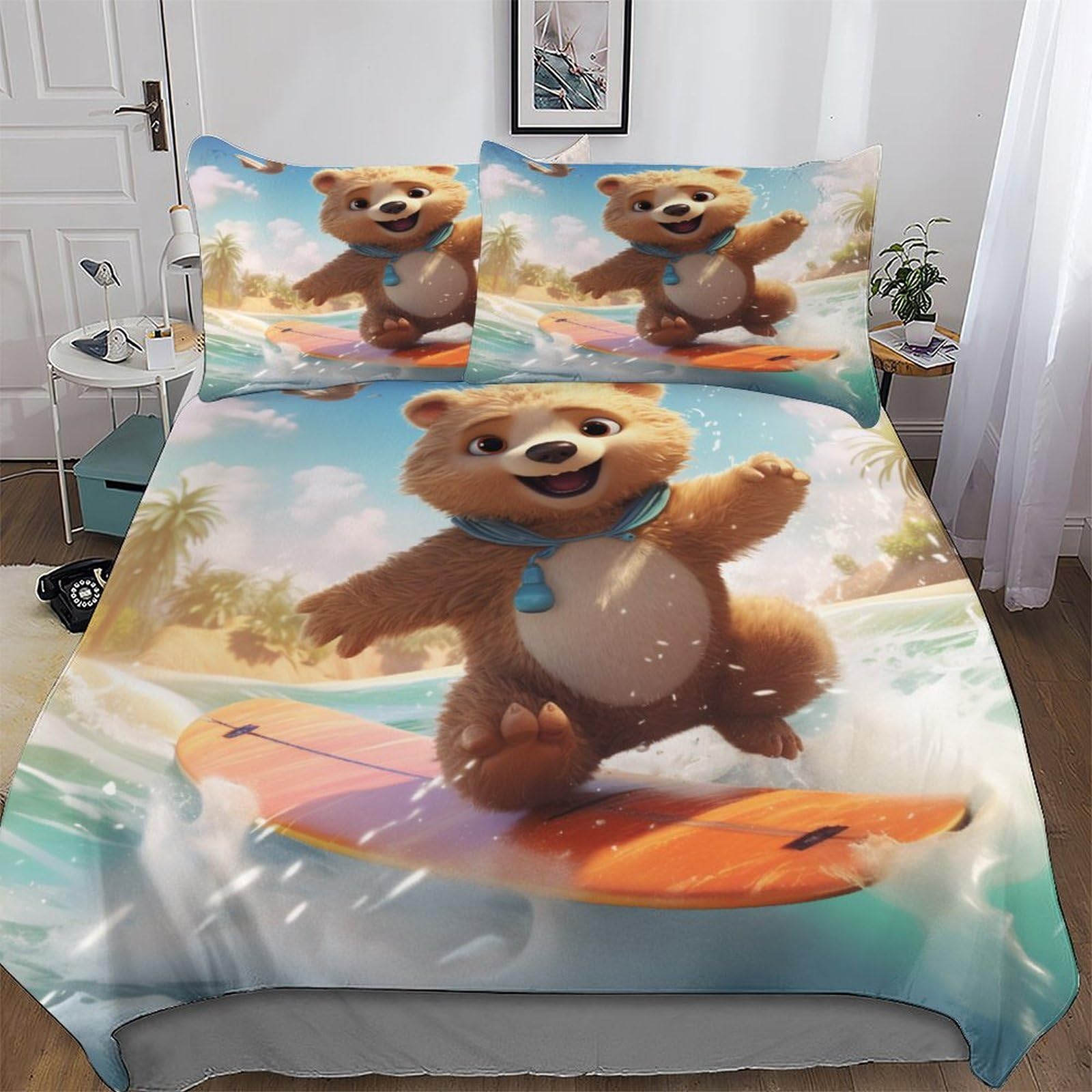 Housse de couette ours lit king sans pliage ni repassage parure microfibre douce