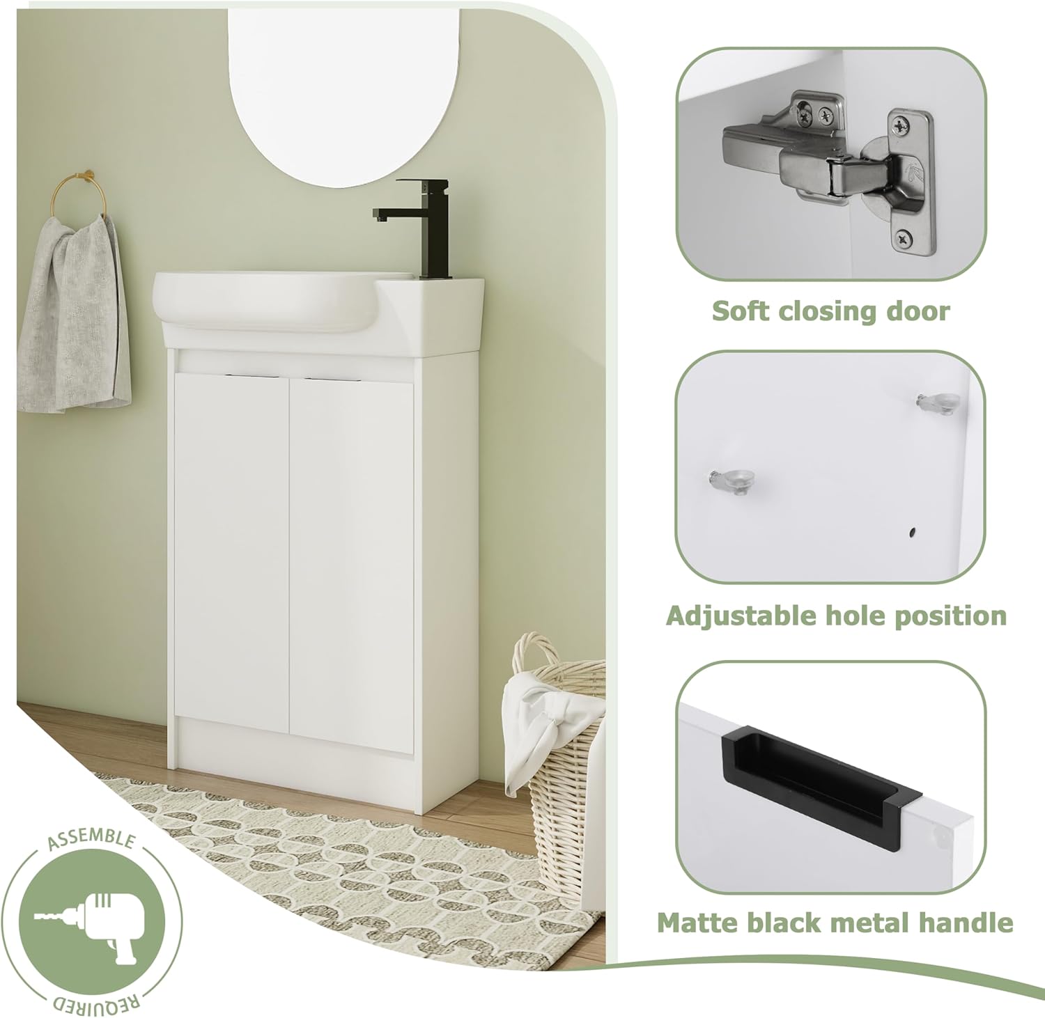 23 Inch Freestanding Vanity, 23" Bathroom Vanity with Sink, Single Sink Floor Stand Vanity Combo, Modern White Bathroom Vanity Set with 2 Doors and White Basin Sink