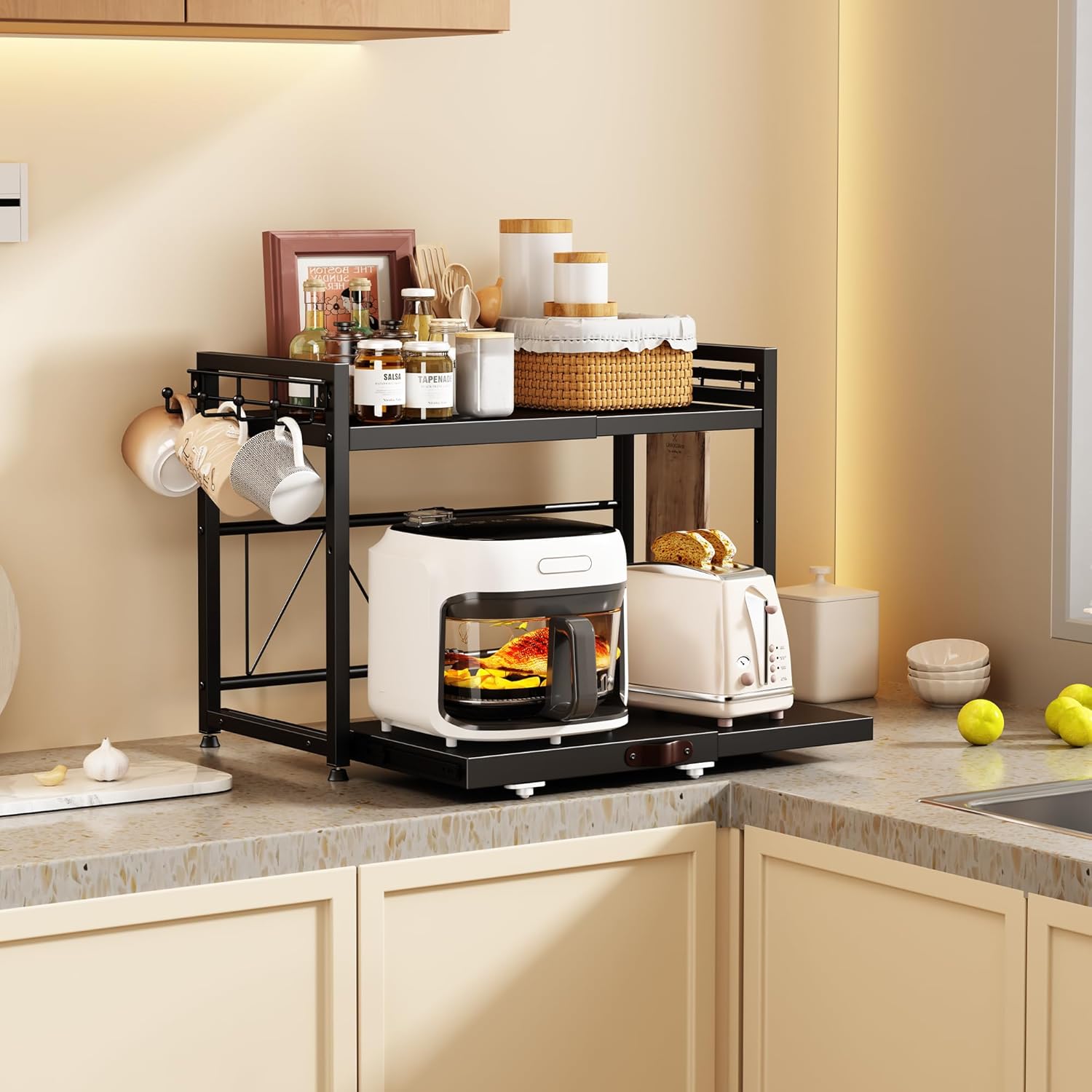 NETEL Expandable Microwave Stand countertop,2 Tier Metal Kitchen Countertop Organizer Shelves with 8 Hooks,Bakers Rack,Microwave Shelf with Drawers and Cup Holders,55lbs Weight Capacity,Black