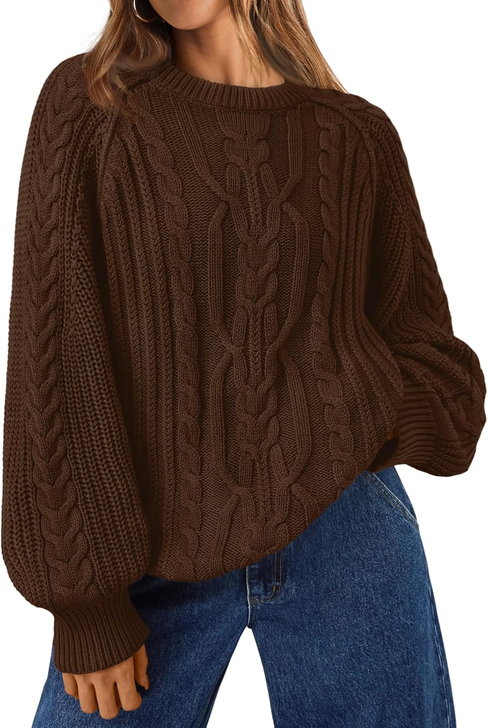 Trendy Queen Women's Oversized Cable Knit Crewneck Fall Pullover Sweaters