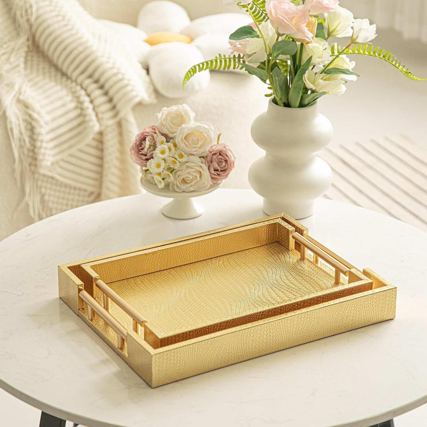 2 Piece Woven Leather Ottoman Tray with Gold Handles, Perfect Rectangular Serving Tray for Living Room, Coffee Table Home Decor Enthusiasts (Golden) - Image 3
