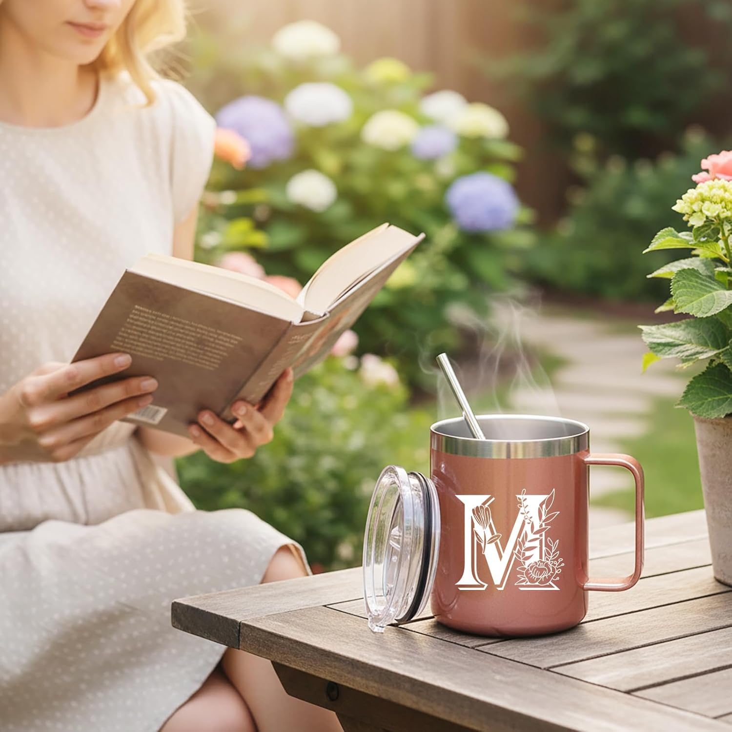 Letter M Insulated Coffee Mug with Lid and Handle, Personalized Initial Mugs for Women, Letter M Gift Coffee Mugs for Women, Wife, Mom, Grandma, Bridal Shower Gifts, 12 OZ Rose Gold - Image 3