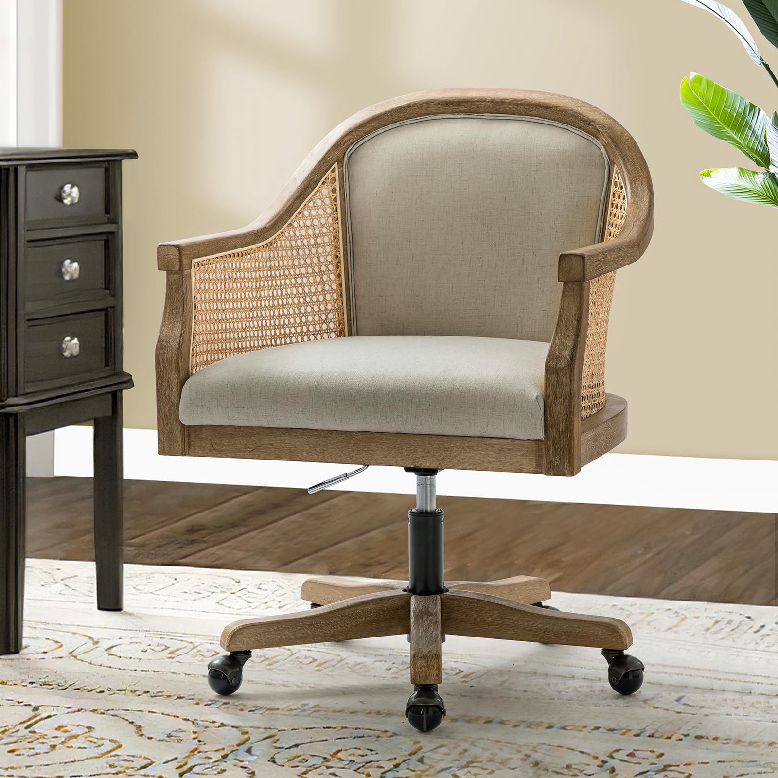 TINA'S HOME Rattan Desk Chair, Upholstered Home Office Chair with Armrest, Adjustable Swivel Rolling Height Computer Task Chair for Living Room