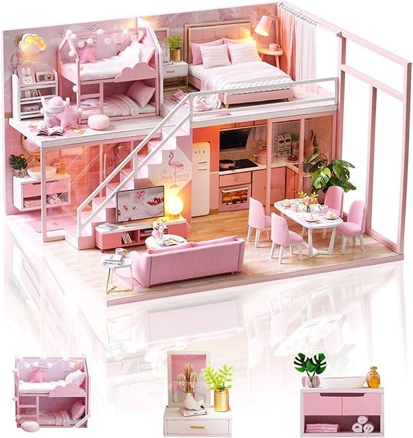 Cuteefun Miniature DIY Dolls House Kit, Wooden Doll house Kit with Furniture, Music Box and Dust Cover, Handmade Crafts for Adults, 1:24 Scale, Gift for Birthday, Valentine's Day (Meet Happiness)