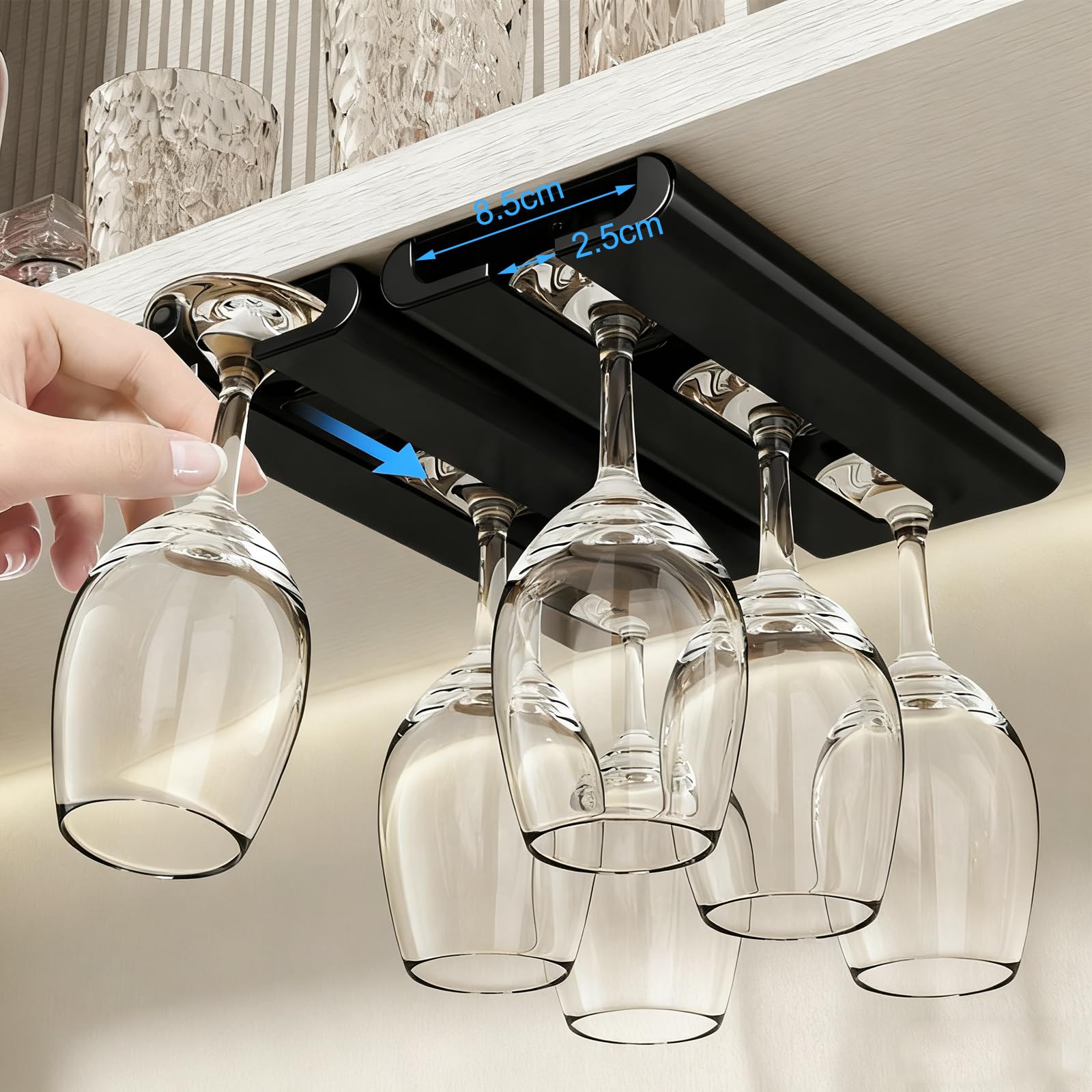 4 Pezzi Porta Bicchiere da Vino Sospeso Supporto per Calici Vino Senza Foratura Porta Calici Sottopensile Supporto Bicchiere Vino Portabicchieri Appendere per Bar Ristorante Cucina(Nero)