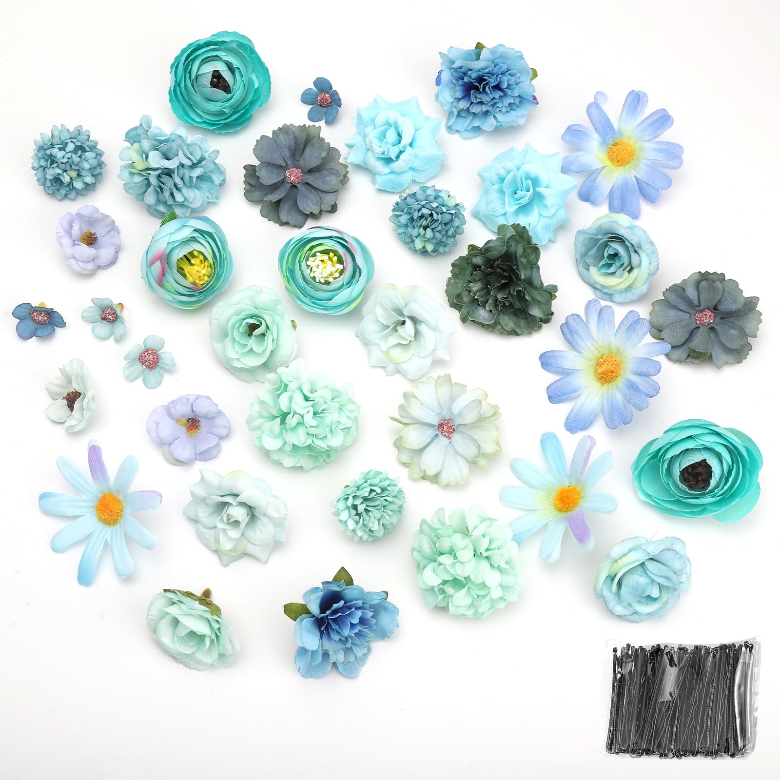 43 Fleurs Artificielles Bleu Fausse Fleur Petite Tête de Fleur Artificielle Mélangée Fleur en Tissu Fausses Fleurs Decoration pour DIY Bouquet Couronne Mariage Fête Festival Maison Jardin Artisanat