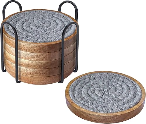 Miniatura 14 de Paquete de 5 posavasos absorbentes para bebidas, posavasos tejidos de 4.3 pulgadas para mesas de café, posavasos de madera para protección de mesa,