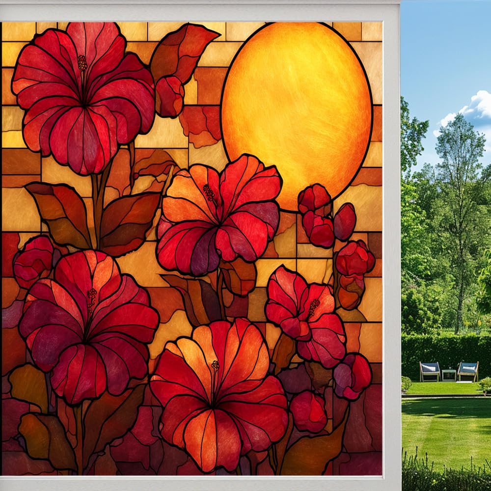 Hibiscus Bouquet Privacy Window Film, Rustic Tropical Floral Botanical Frosted Self-Adhesive Vinyl Cling for Glass Doors Bathroom Windows Sun Blocking Heat Control, （90x160cm）