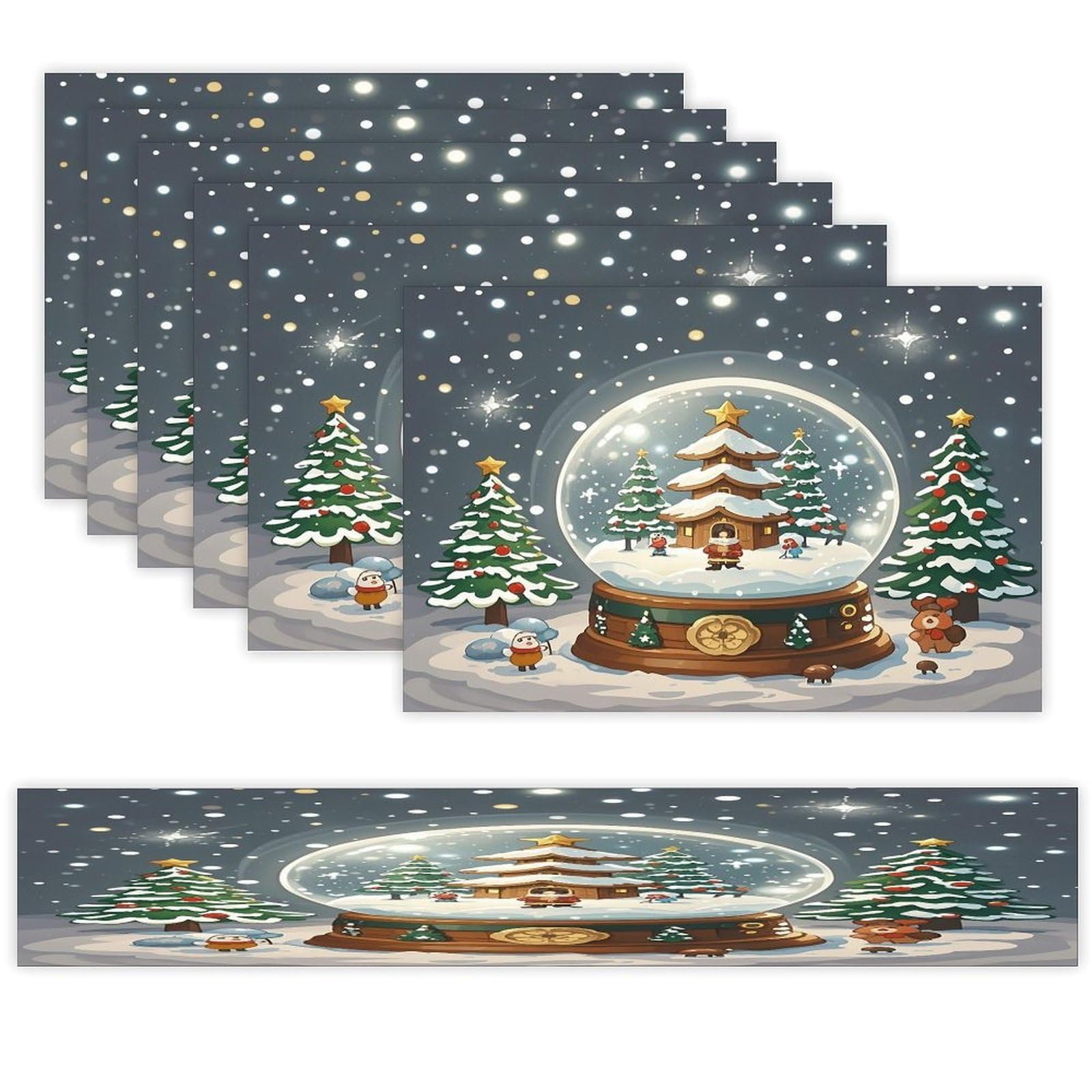 Christmas Snow Globe Table Runner and Placemats Set of 6 Heat Resistant Table Runner Place Mats Modern Cloth Table Mat Washable Linen Placemat Festive Reusable Set