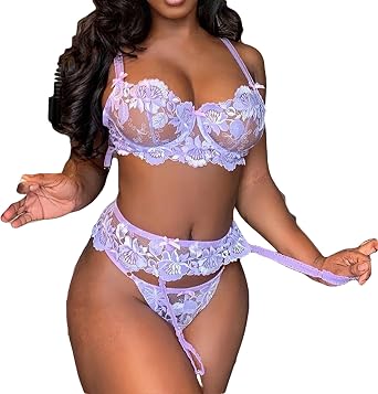 Lingerie Lace WomenS Underwear Floral Embroidery Purple Costumes