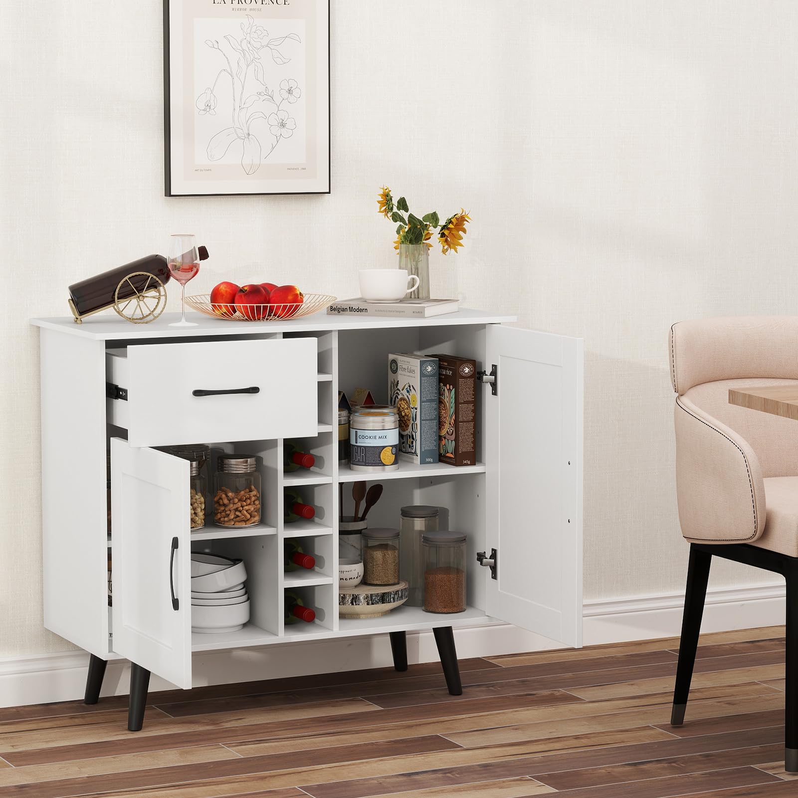 RELAX4LIFE Mobile Bar per Vino, Credenza con 2 Ante e 1 Cassetto, Porta Bottiglie da 6, Ripiani Regolabili, Credenza con Spazio per Vino per Cucina, Sala da Pranzo, Soggiorno