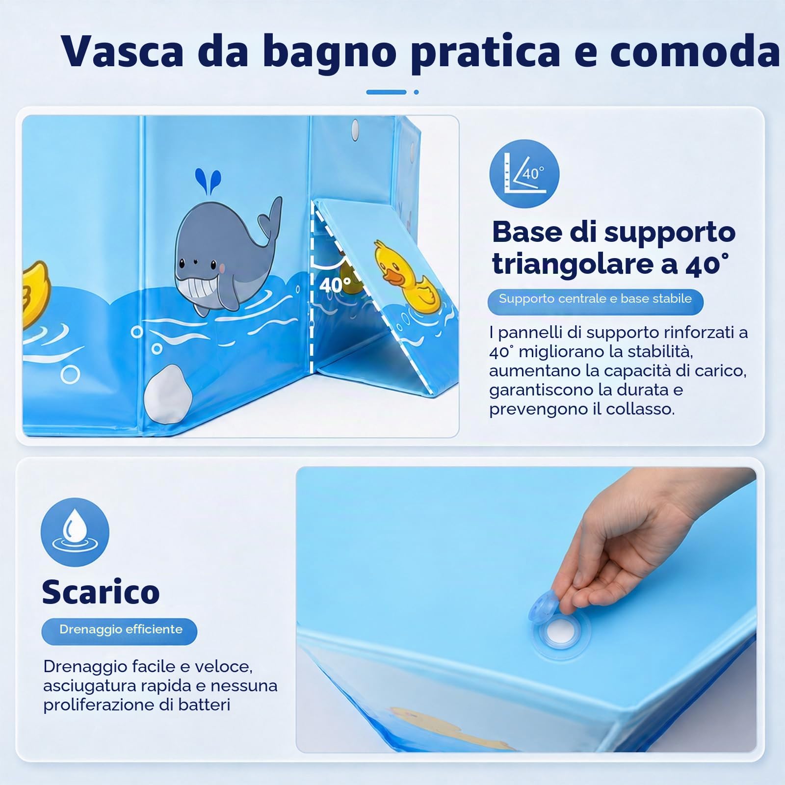 Vasca da Bagno Pieghevole per Bambini, con Supporto Triangolare, 78x41x21cm | con Vite di Scarico, Portatile ad Alta Capacità Vaschetta Bagnetto Neonato Pieghevole per 0-8 Anni, Stabile e Resistente