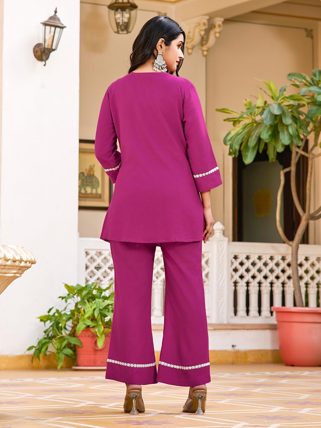 VIBE VISION 2-Piece Women's Co-ords Set - Viscose Rayon V-Neck 3/4 Sleeve Regular Fit Casual Shirt & Trousers Embroidered Design (RANI, L) 1