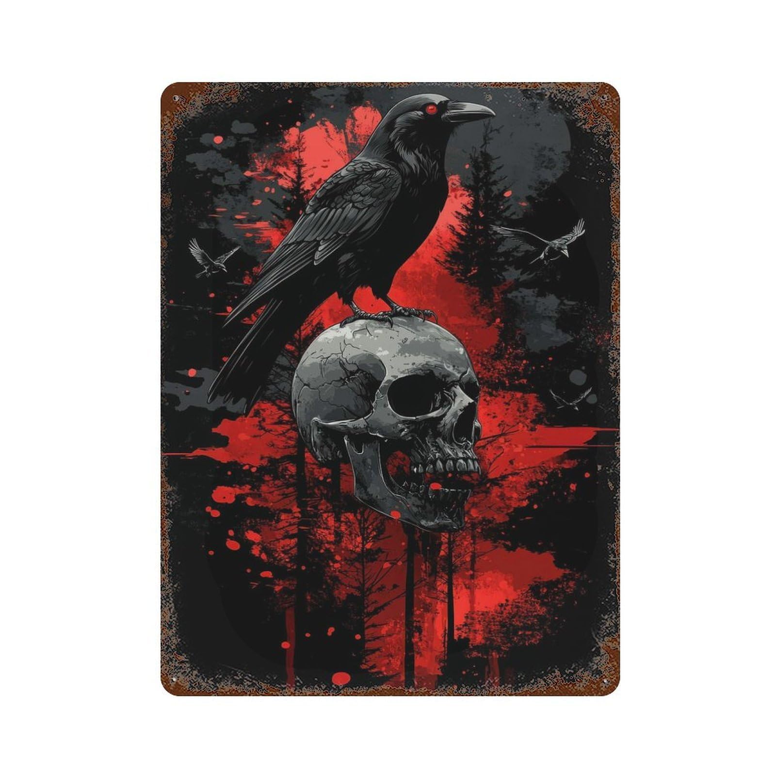 Raven on Skull Rustic Tin Plaque 15.7"x11.8", for Shed, Workshop And Garage Wall Decor, Farmhouse Wall Decor