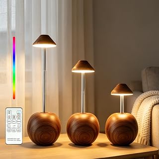 Cute Cordless Table Lamp, Rechargeable Wood Grain Wobble Lamp with Remote, 3000mAh Adjustable Height RGB Mood Light, Dimmable Portable Bedside Lamp for Bedroom, Nightstand, Desk, Dorm Decor