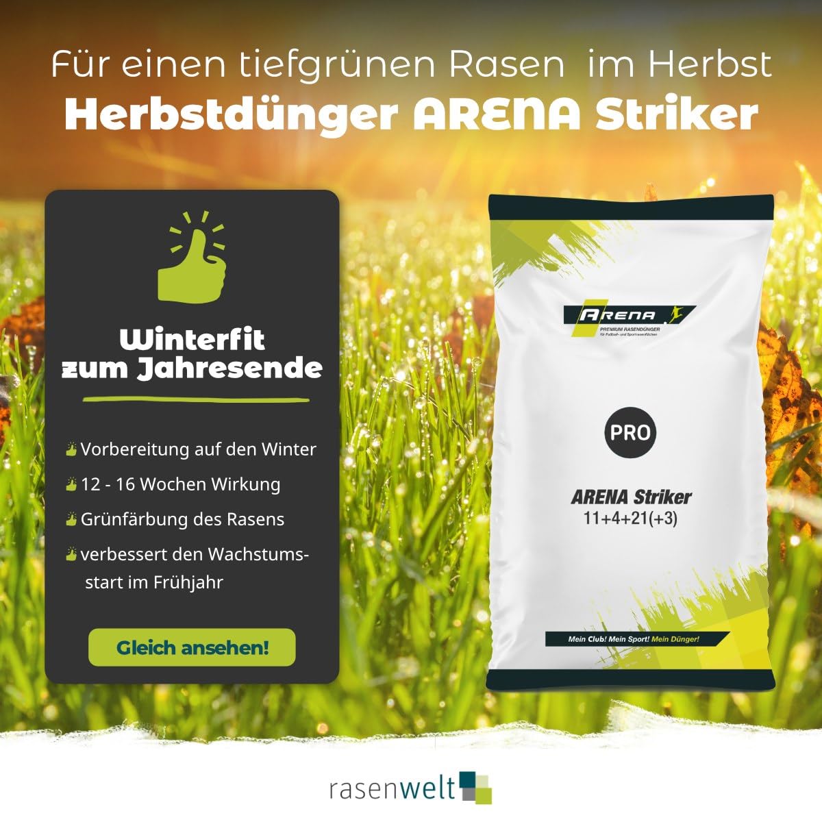 ARENA Rasendünger Herbst Striker 20kg | Rasen Herbstdünger mit 4 Monaten Langzeitwirkung | Striker 11+4+21(+3)