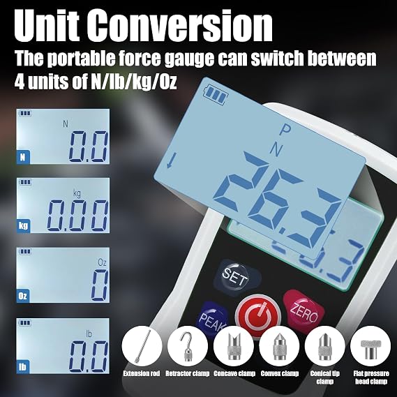 Digital Force Gauge, 500N Digital Pull Tester Dynamometer, 4 Types Unit (N, kg, lb, oz) Real-Time/Peak/First Peak Modes, High-Precision Pressure Push-Pull Meter for Quality Control, Material Testing