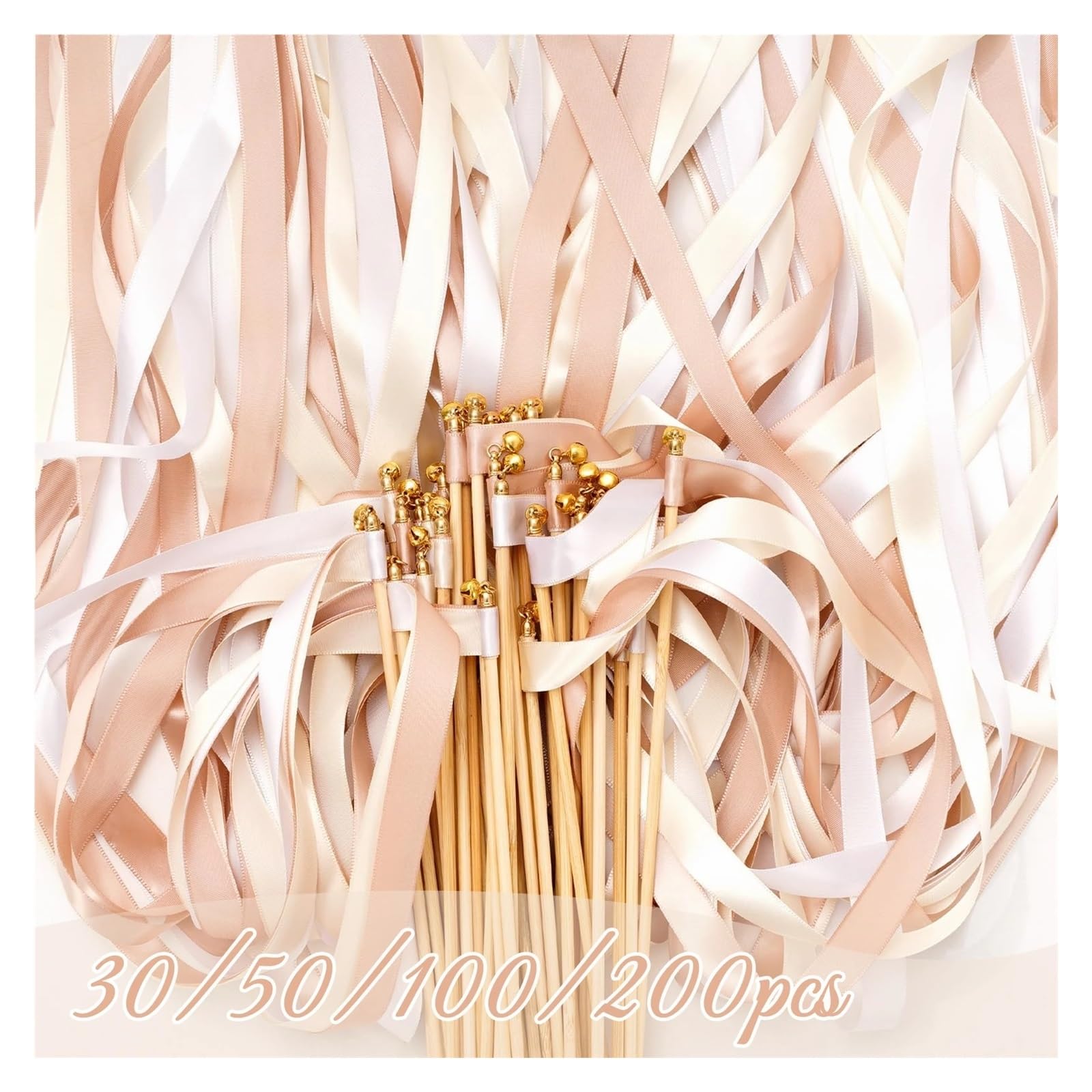 Bänderstäbe Hochzeit Luftschlangen aus Seidenbändern mit Glöckchen, Feenstäben for Gastgeschenke und Dekorationen bei Hochzeitsfeiern(Yellow,200PCS)