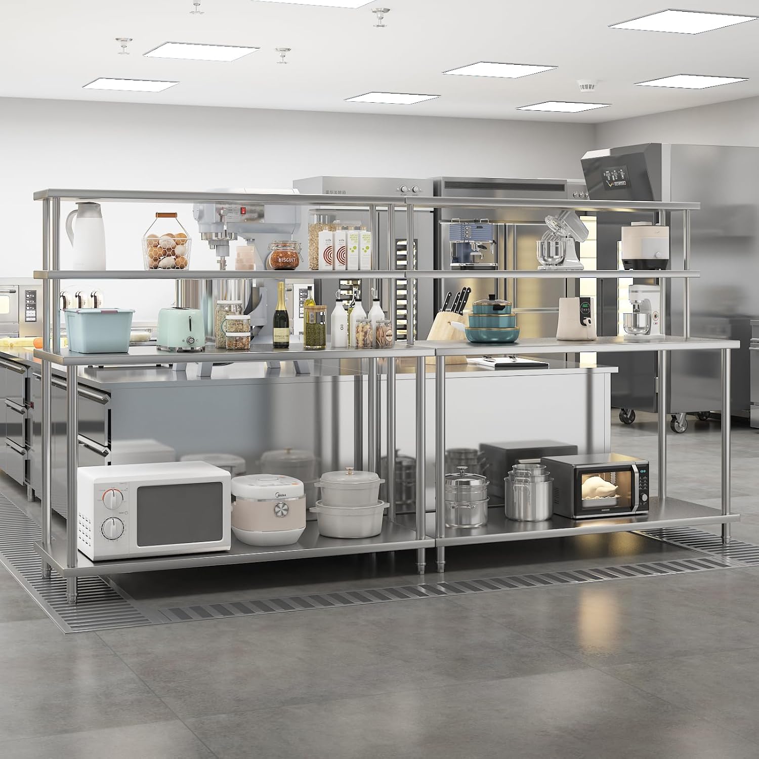 Stainless Steel Table with Overshelves, 60 x 24 Inch Heavy Duty Kitchen Prep Table with Adjustable Shelf for Commercial Restaurant, Warehouse, Garage, Home