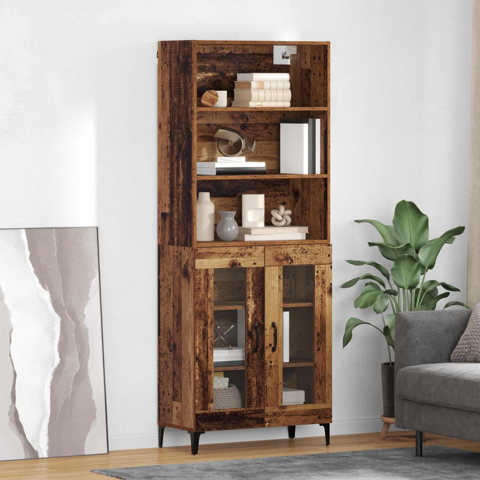Aparador alto de madera envejecida, 69,5 x 34 x 180 cm, material de madera, con 2 puertas, estantes ajustables, patas de hierro robustas, espacio de almacenamiento versátil para comedor, salón