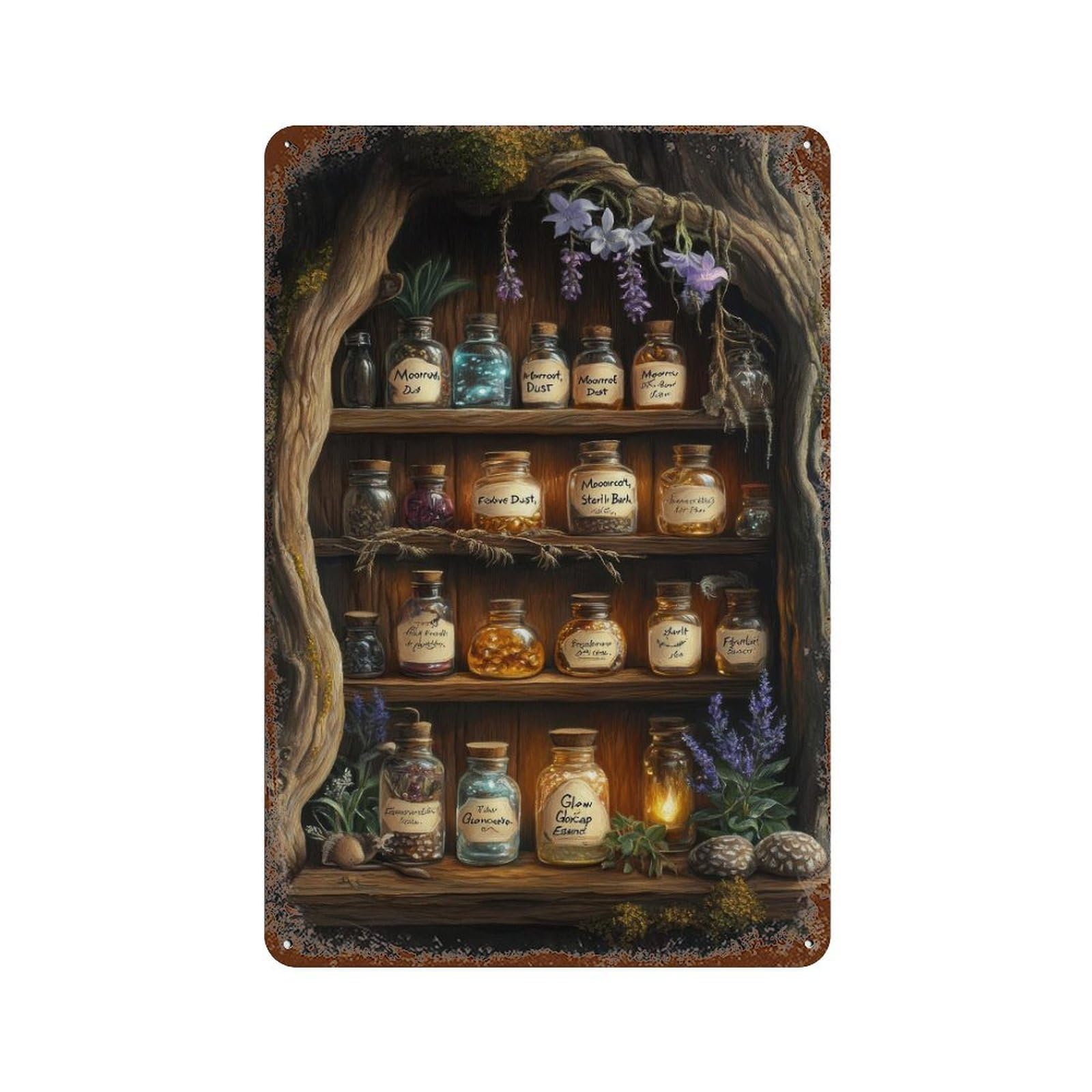 xiaoxiaoshen Fairy Potions Shelf Cottagecore Magic Decor Whimsical Fantasy Enchanted Wall Decor Art Metal Tin Poster Modern Home Decor Art Home Bar Shop Decorations Vintage Sign 30x20cm
