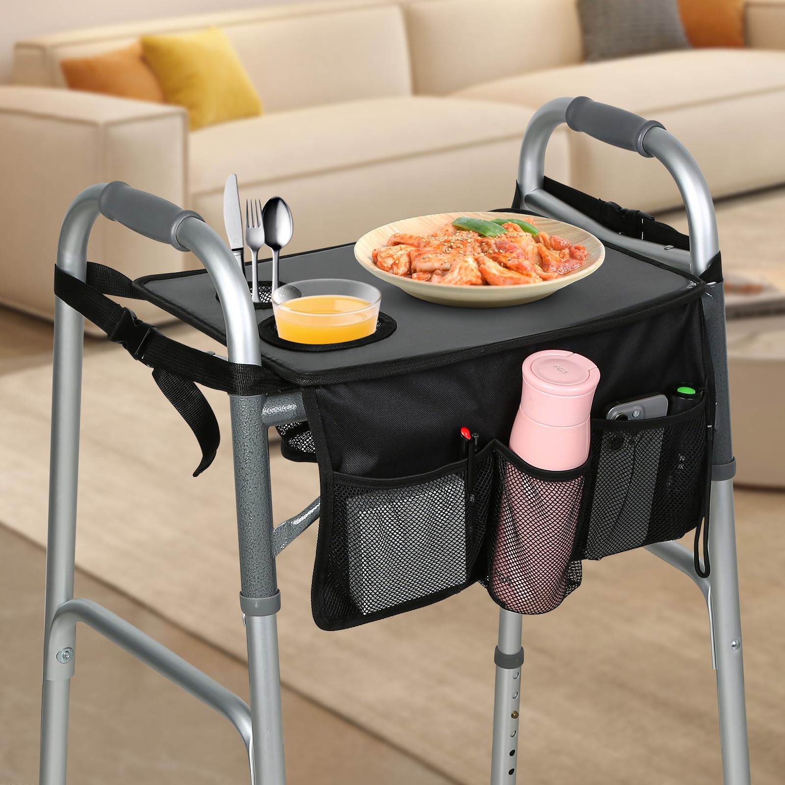 Vassoio per deambulatore pieghevole, vassoi per camminatori per anziani staccabile con portabicchieri, vassoi per deambulatori per camminatori pieghevoli, accessori per anziani