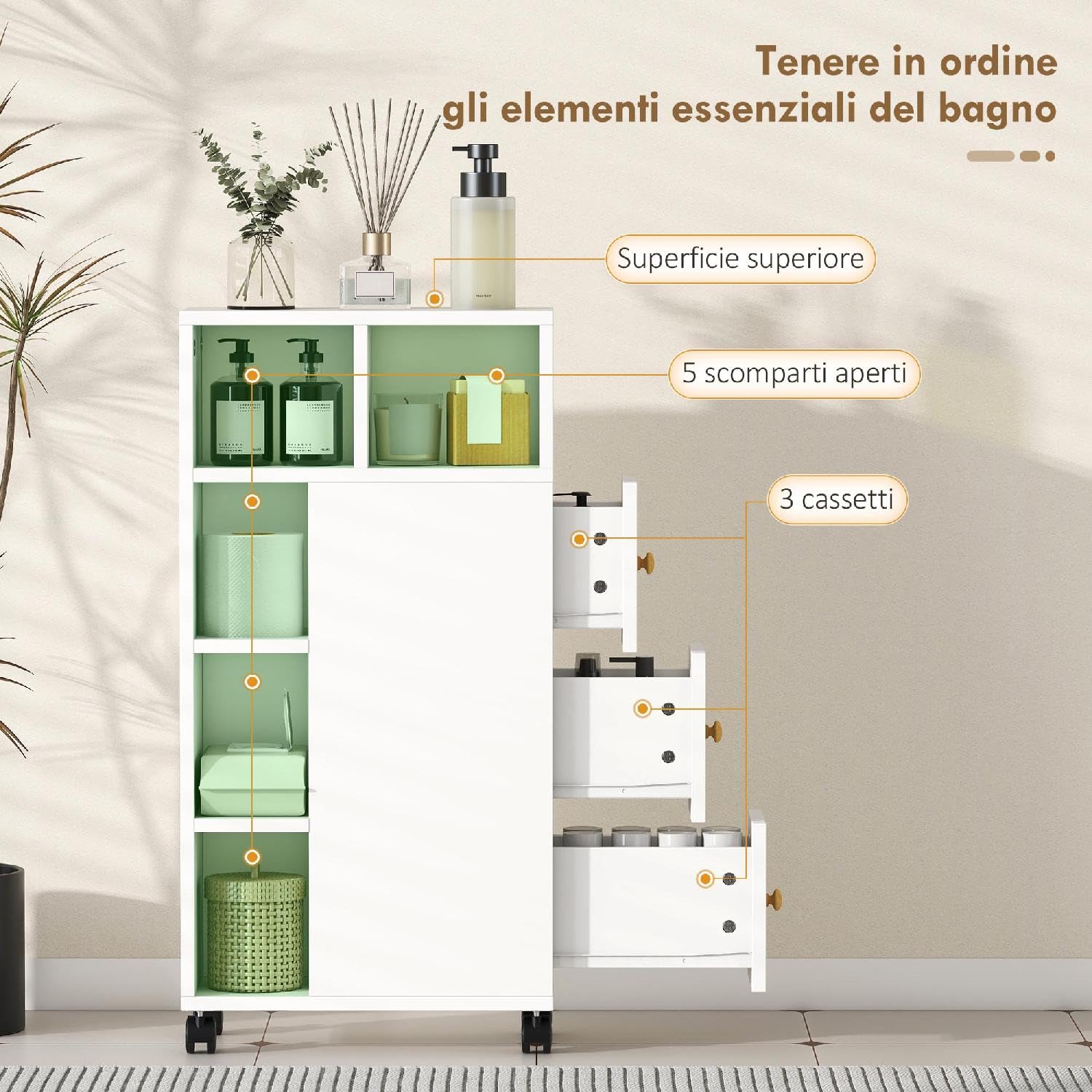 Mobile Bango Salvaspazio Mobiletto 3 Cassetti e Ripiani Moderno Dimensioni 20x40x80 cm Bianco