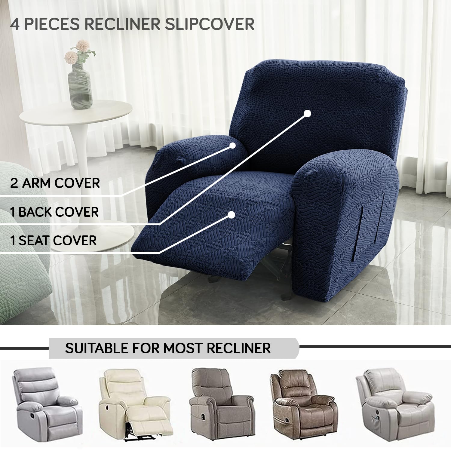 HOKIPO Recliner Sofa Cover - Navy Blue -2