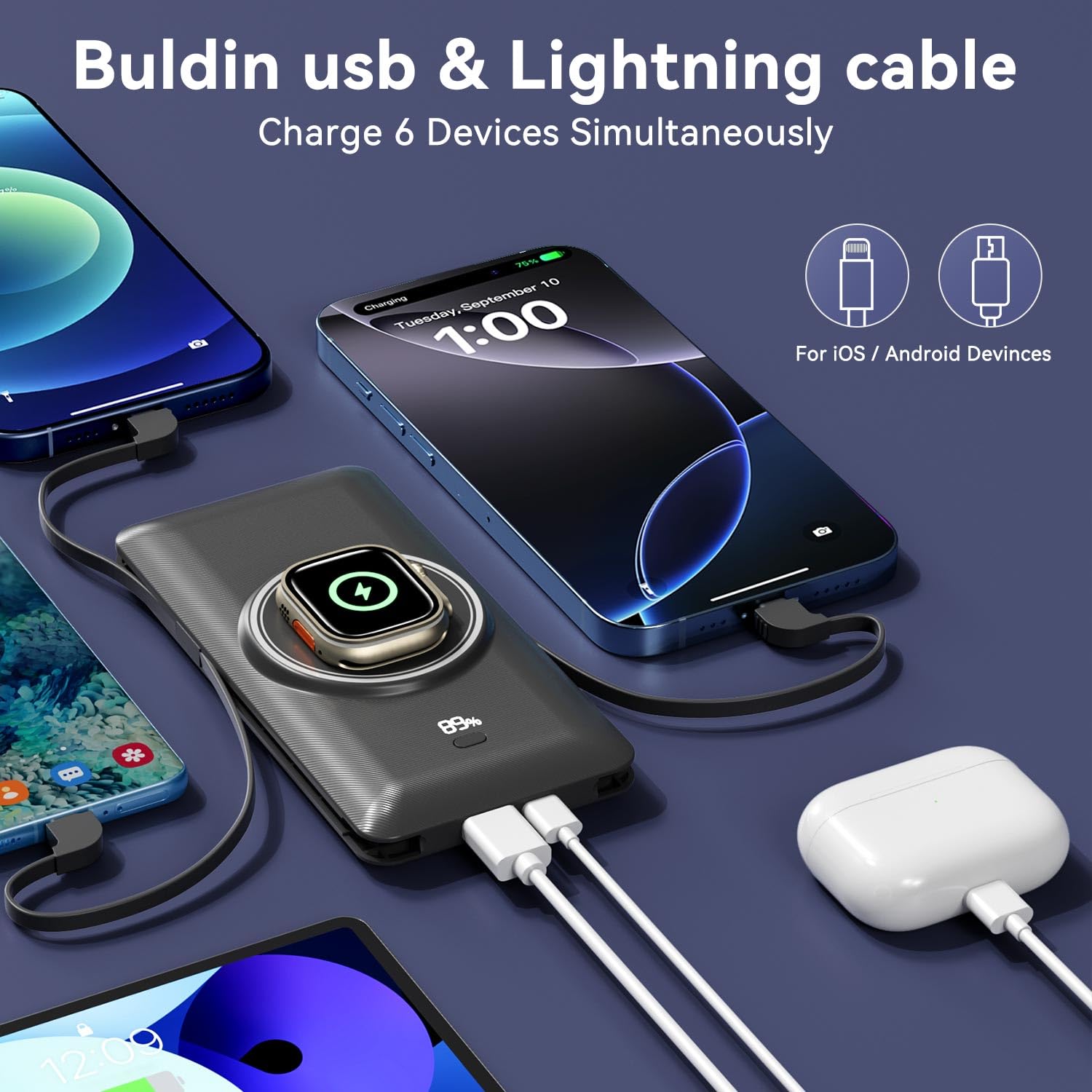 Caricabatterie portatile magnetico da 10000 mAh per iWatch e iPhone, PD ricarica rapida wireless Power Bank cavi integrati e spina a muro, batteria esterna da viaggio compatibile con