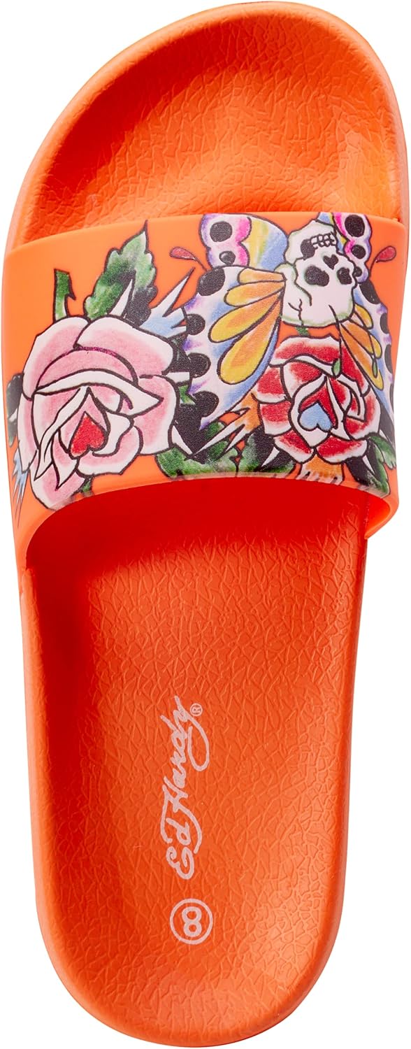 ED HARDY Women's Sandals - Slip-On Beach/Pool Slides with Tattoo Prints